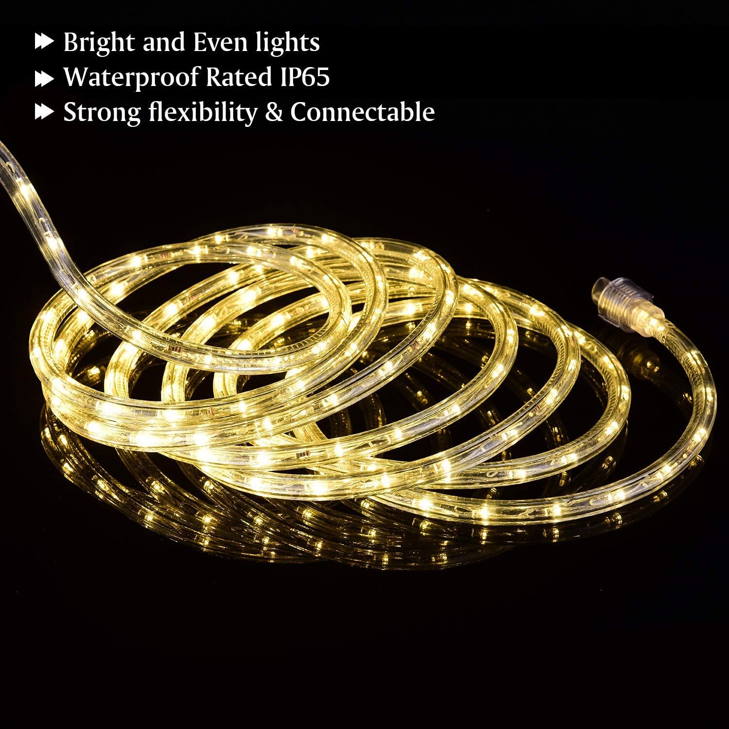 20ft 3000k LED Rope Lights, IP65 Waterproof Connectable 144LED Warm White Rope Lighting, Flexible Plug-in String Lights for Camping Outdoor Indoor Patio Christmas Halloween Party Decoration