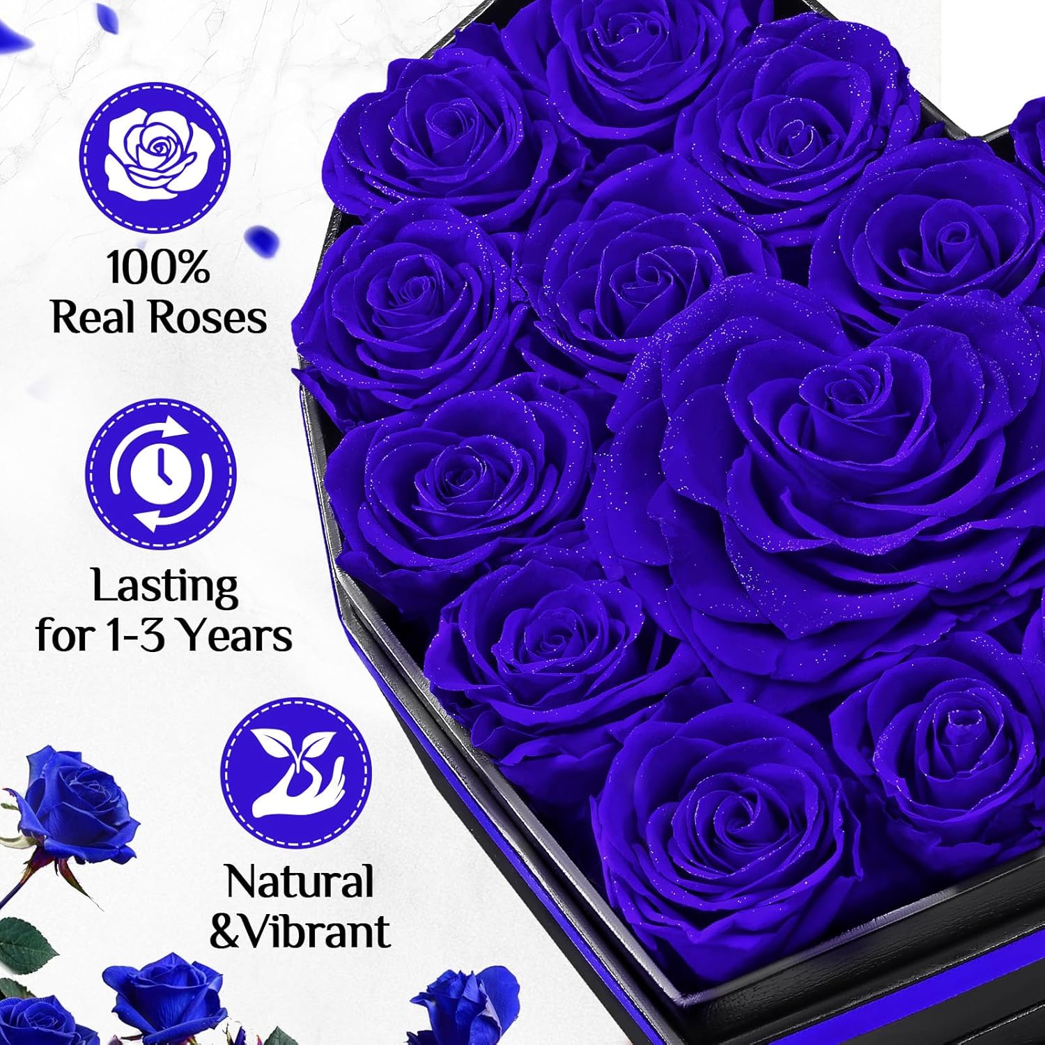 MARTINE MALL 17 Forever Flowers for Delivery, Gifts for Her Glitter Preserved Real Roses in a Box Valentines Day Birthday Gifts for Women Mom Girlfriend Wife Lasting Eternal Flower with Necklace, Blue - Image 4