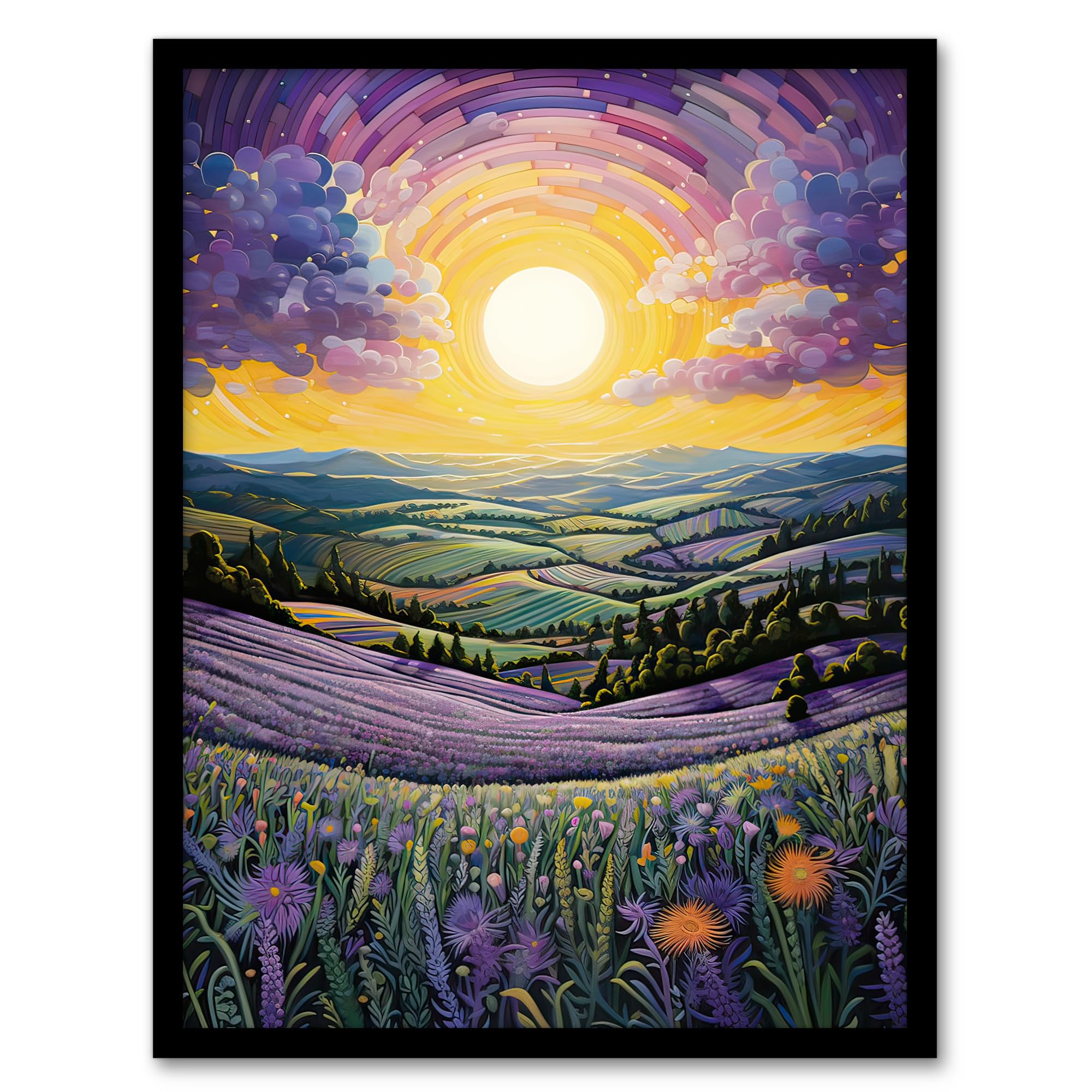 Artery8 Vibrant Sunrise over Blooming Lavender Fields Artwork Framed Wall Art Print 18X24 Inch