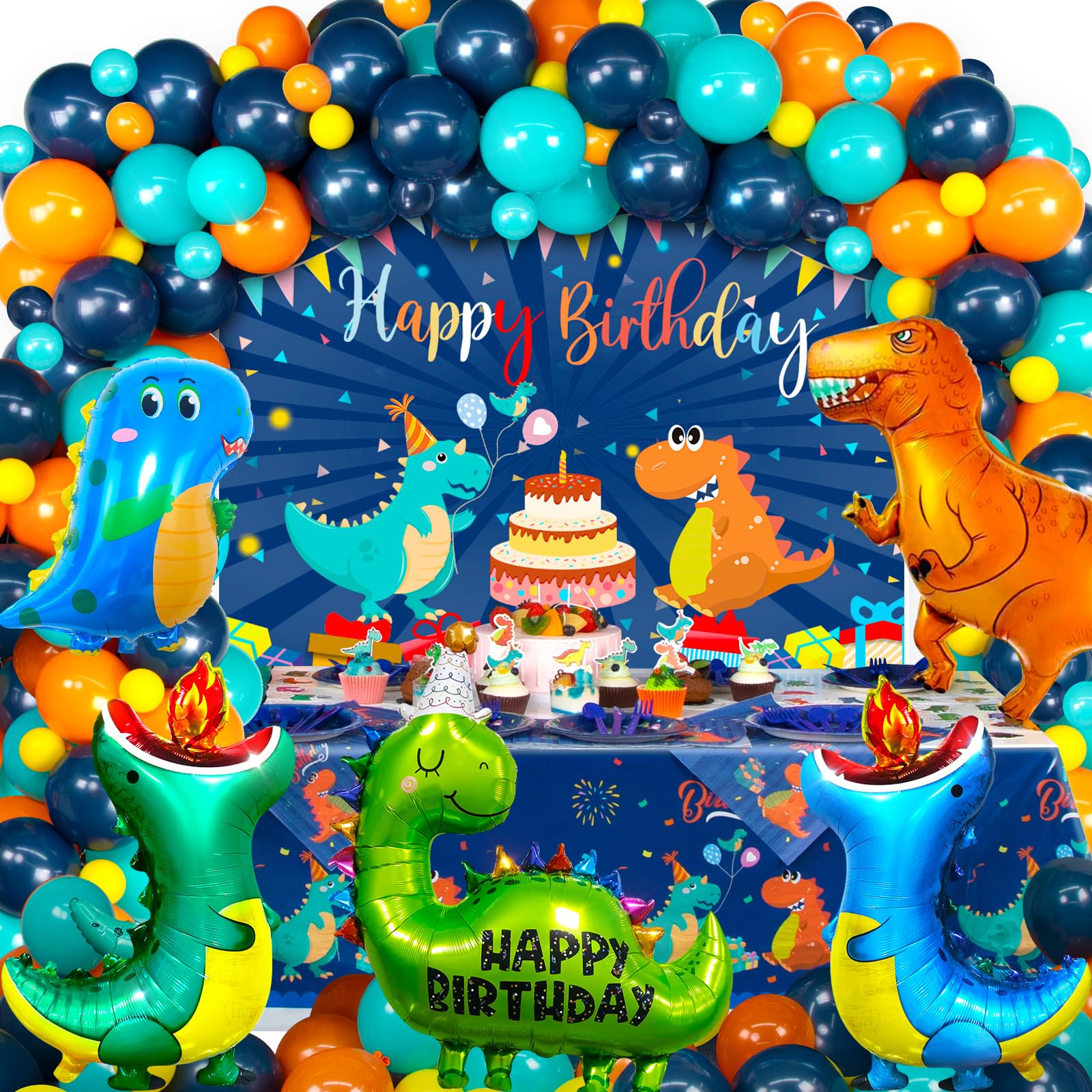 Dinosaur Birthday Party Kit - 140 Piece Blue Dino Decor Set With Balloons, Backdrop & Tablecloth