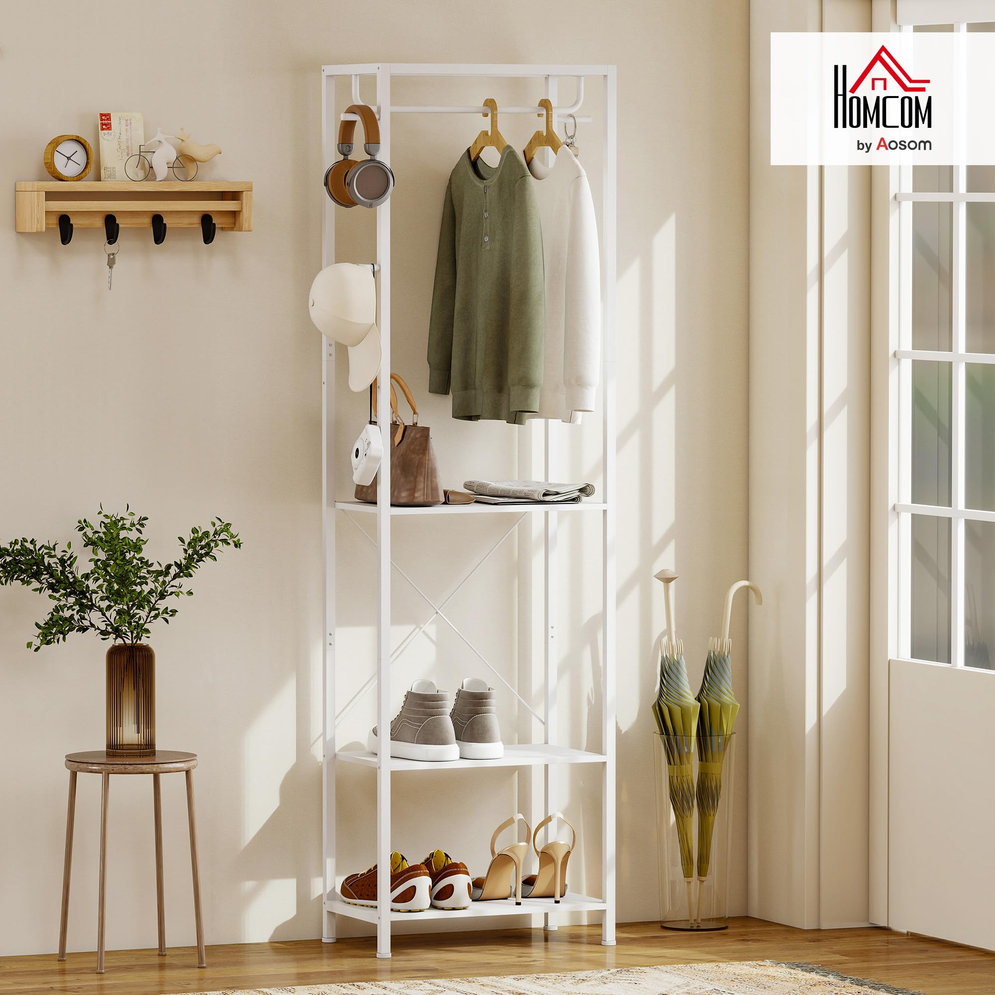 HOMCOM Appendiabiti da Ingresso con Scarpiera, Attaccapanni con Barra Appendi Abiti, 4 Ganci, Ripiano Superiore e 2 Mensole Porta Scarpe, 52x30x180 cm, Bianco
