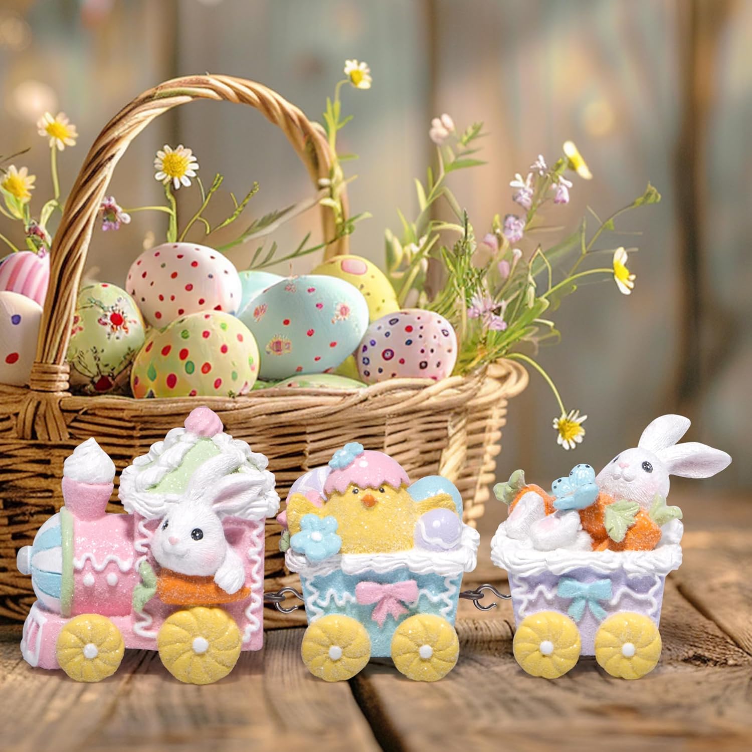 Hodao Easter Bunny Train Figurine - Exquisite Resin Easter Home Decoration, Colorful Easter Bunny and Train Design, 9.2 Inches Long (Easter Train Color 1) - Image 2