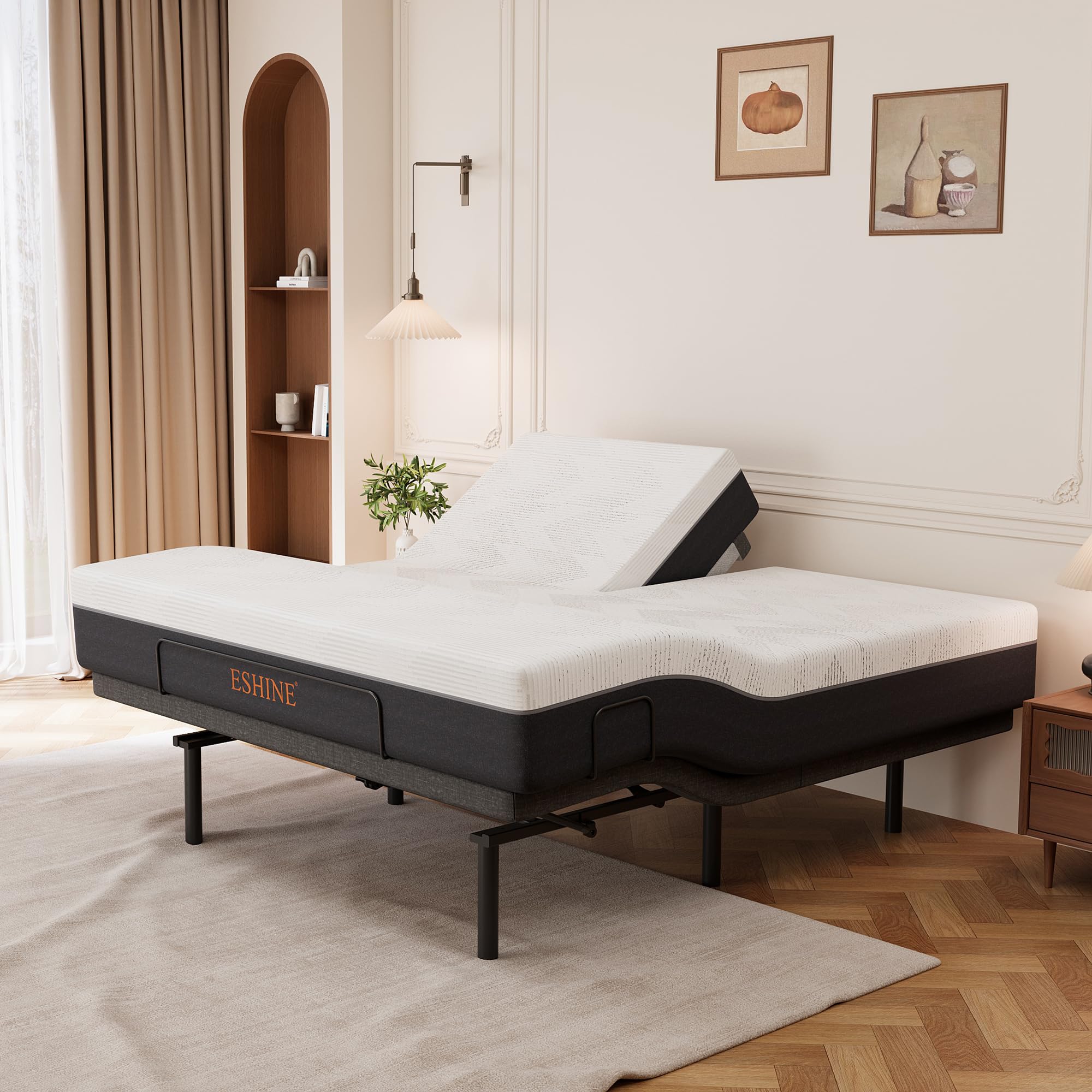 ESHINE Split Top King Adjustable Bed Frame with 12 Gel Memory Foam Mattress - Electric Upholstered Base Massage