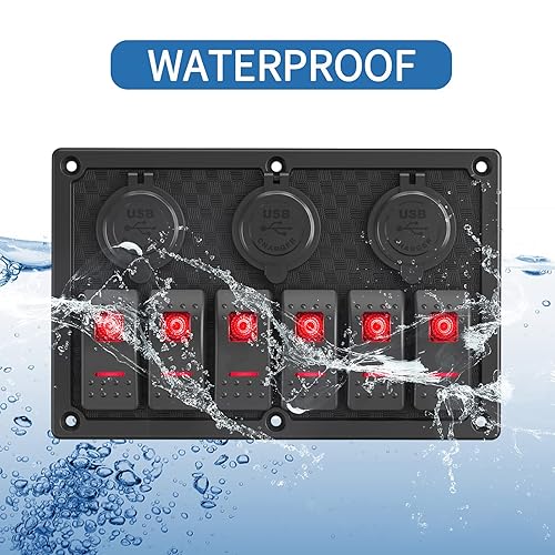 Vista 86 de Panel de interruptor de palanca impermeable de 6 cuadrillas 12V/24V Panel de interruptor basculante de aluminio con cargador USB doble, voltímetro