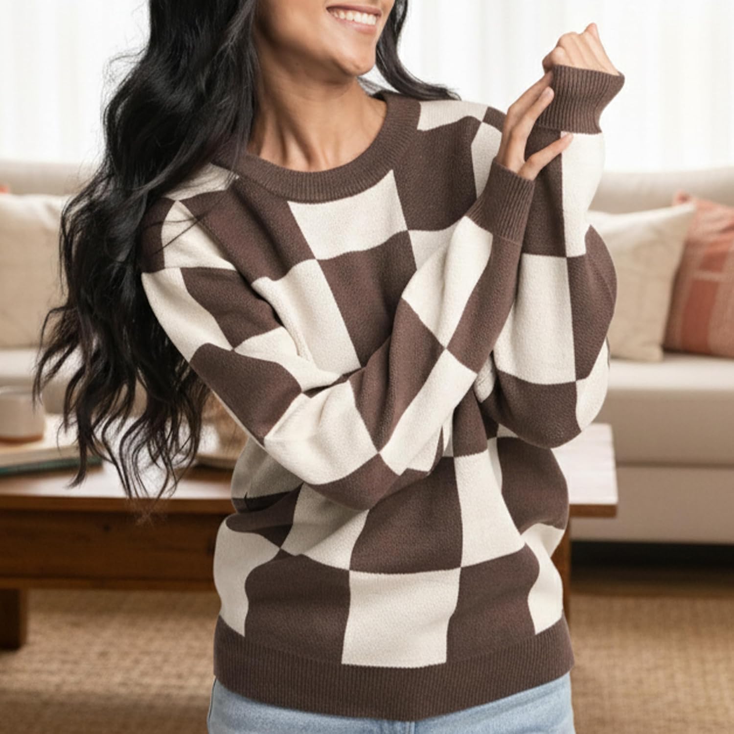 Crew Neck Sweater for Women | Lightweight Knitted Checkered Sweater Women Pullover Long Sleeve Top for Winter - Image 2