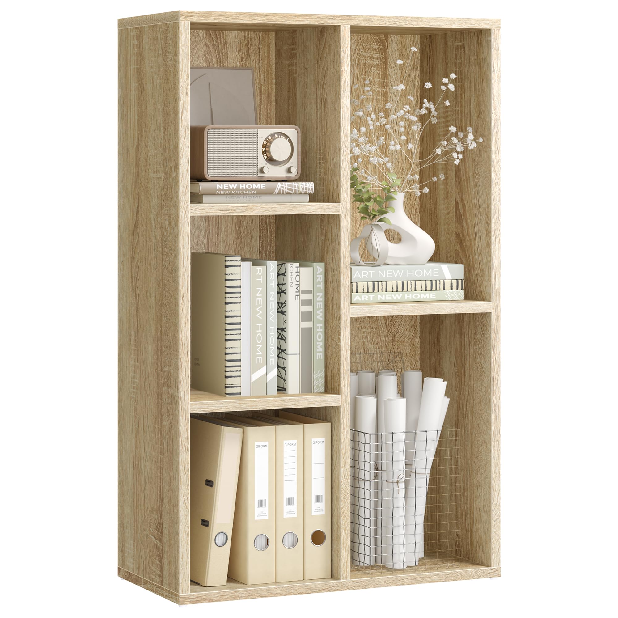 Wooden 5-Grid Bookcase, Beige / 5 Compartments