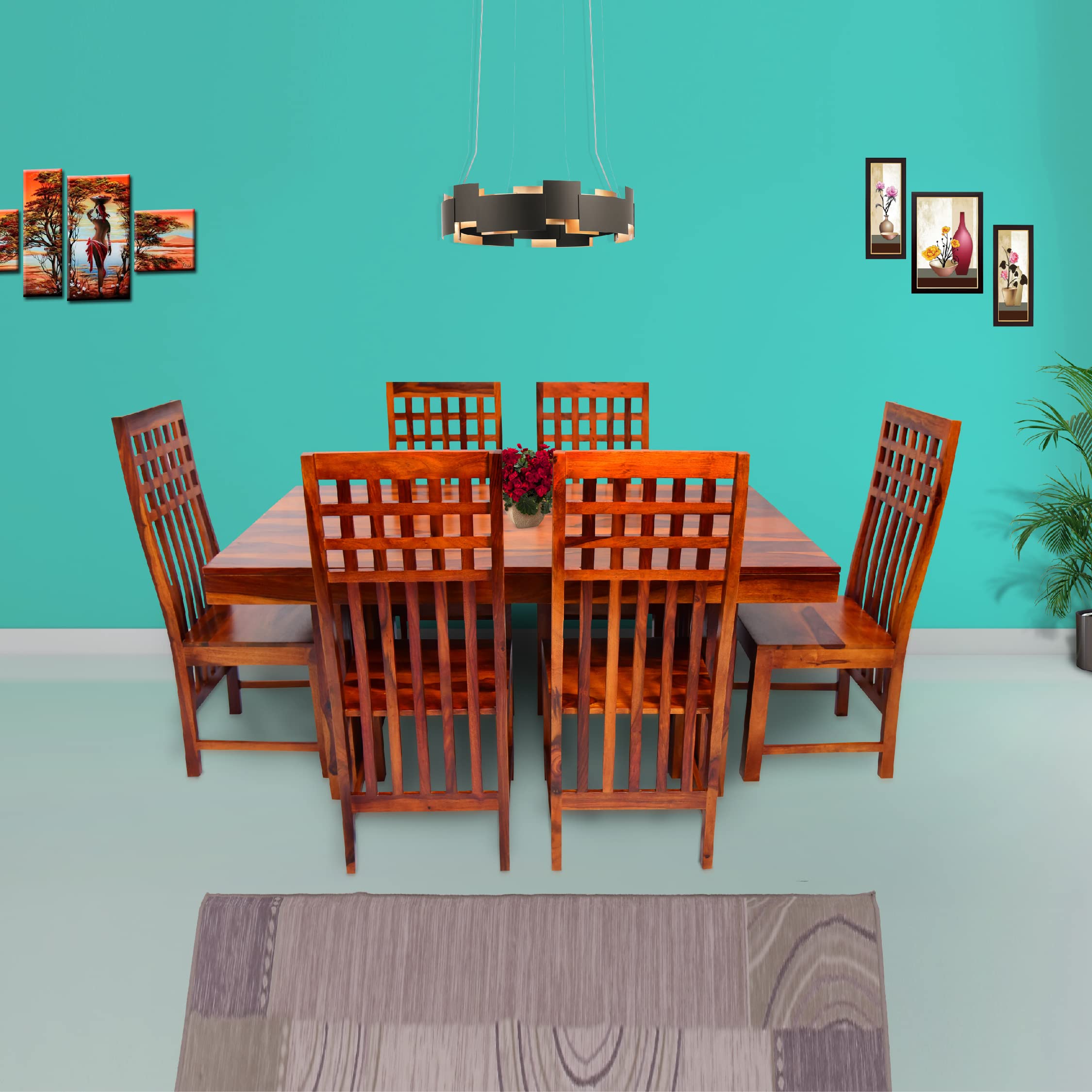 WOODY Furniture™ Sheesham Wood Dining Table 6 Seater with Chairs for Dining Room, Dining Table 6 Seater Set | Sheesham Wood (Honey Finish)
