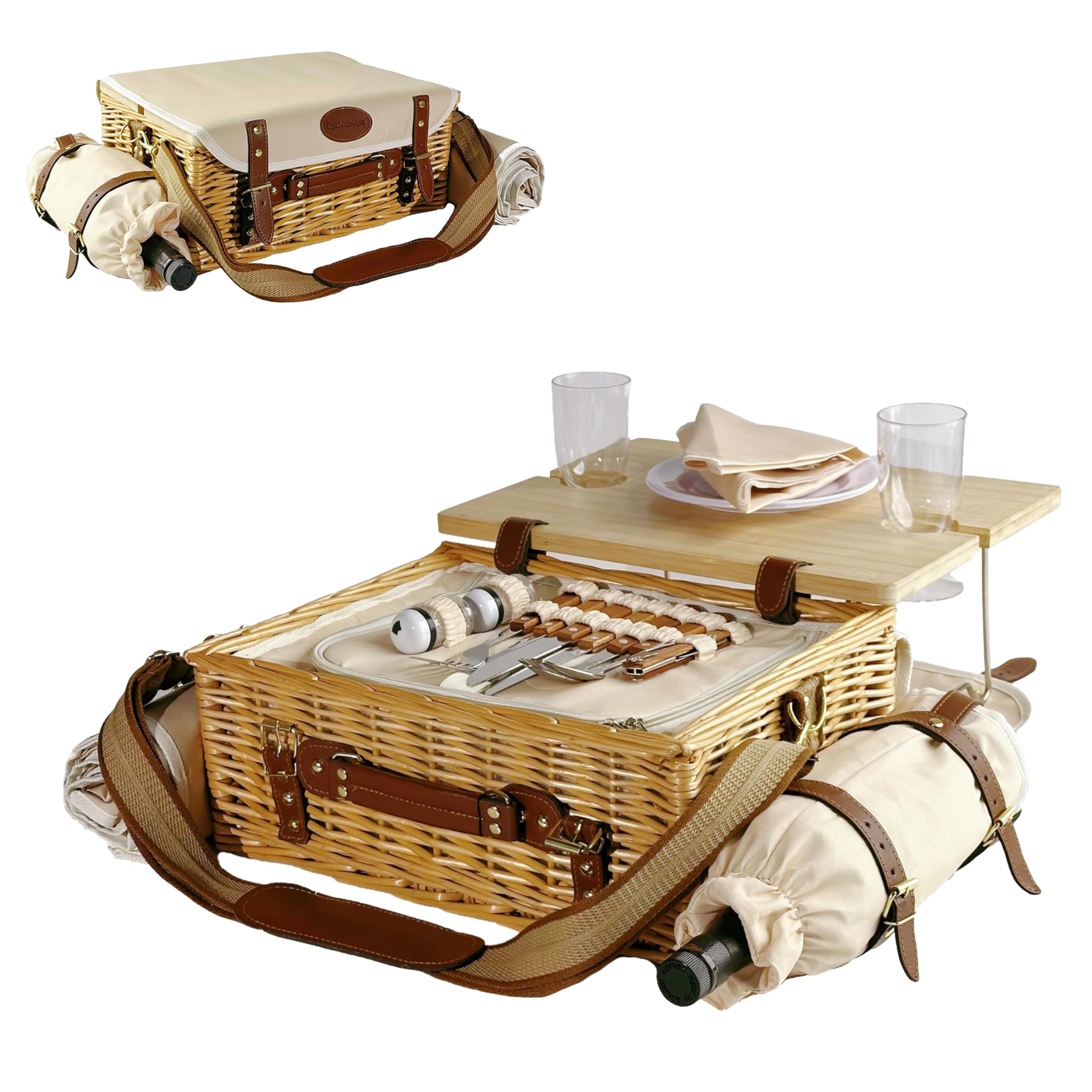 Cesta de picnic de mimbre aislada con almacenamiento extra grande y manta