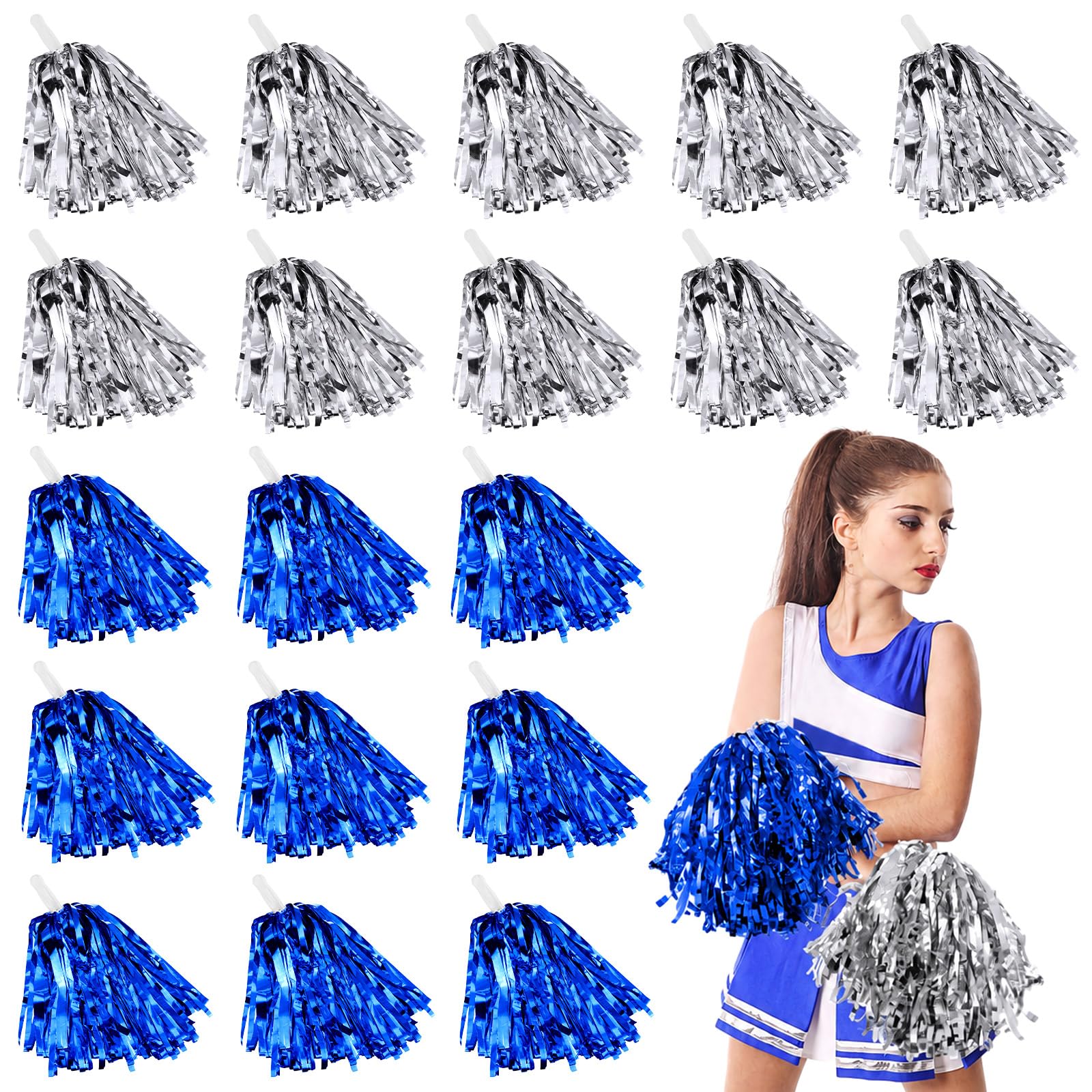 Yunsailing 100Pack Pom Poms Cheerleading with Baton Handle, Blue, Silver
