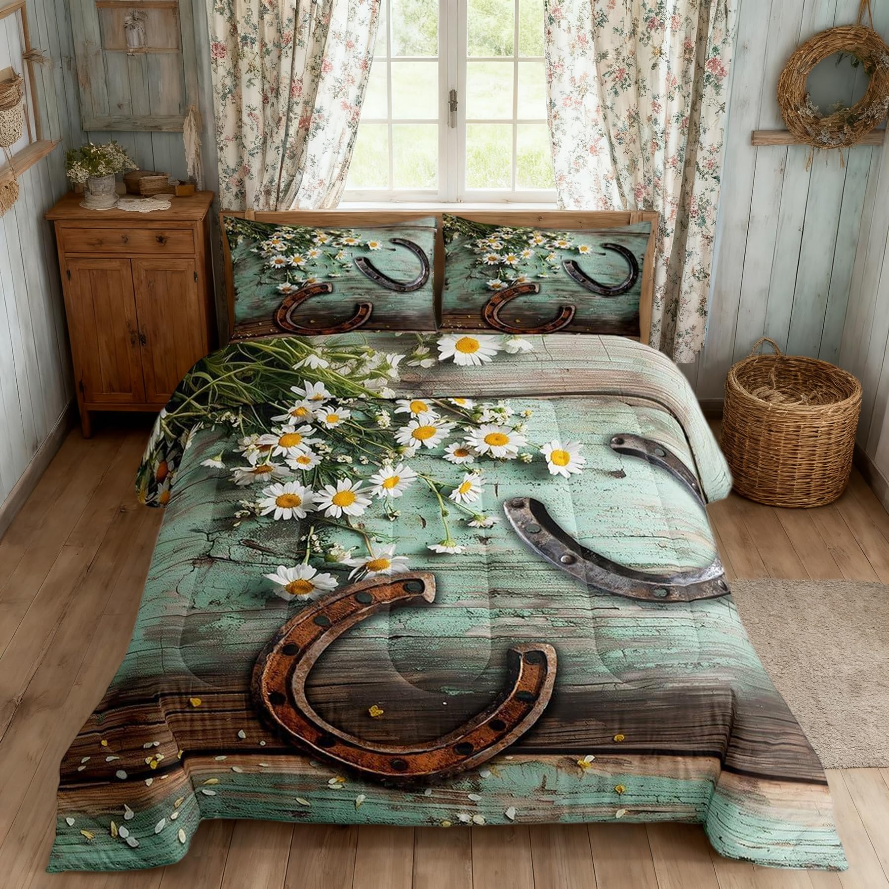 Rustic Farmhouse Bedding Set Full Size Horseshoe Western Cowboys Comforter Set Daisy Flowers Countryside Quilt Set 3pcs for Kids Teens Adults Room
