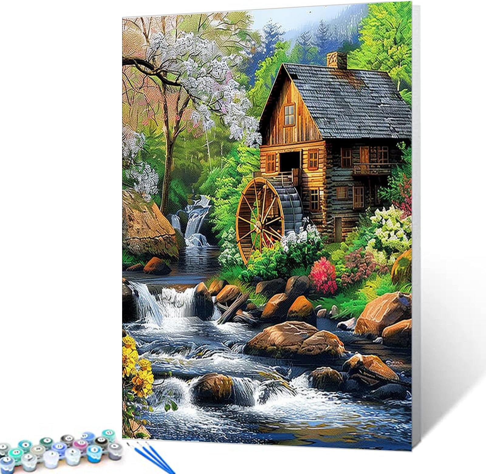 Paint by Number Forest Hut Surrounded by Flowers and Trees Waterfall DIY Painting On Canvas with Brushes Acrylic Paints Perfect for Paint by Numbers for Adults and Kids Students Beginner 16x20 Inch