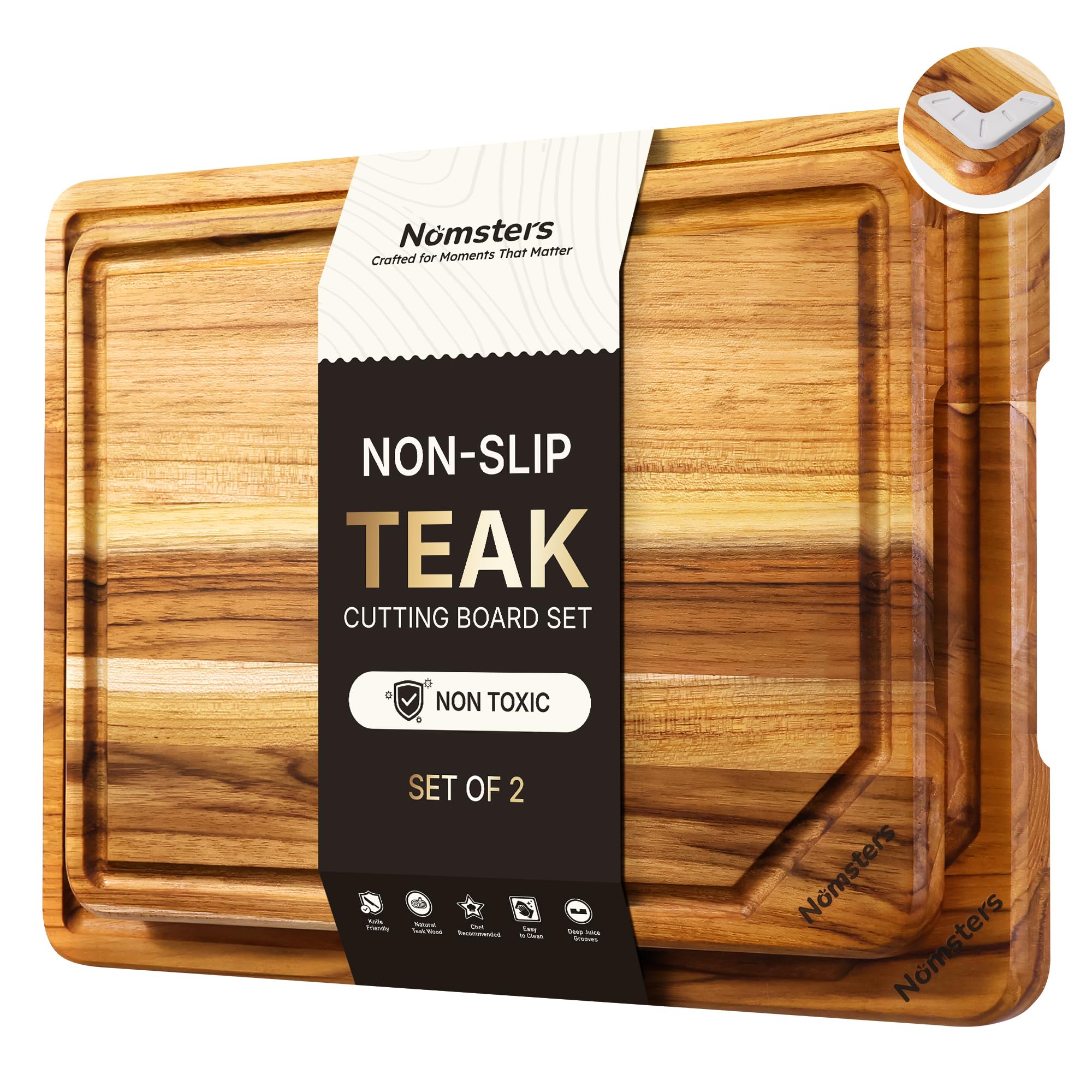 Teak Wood Cutting Board for Kitchen Non Slip Charcuterie Board | 2 Pack FSC Certified Set…