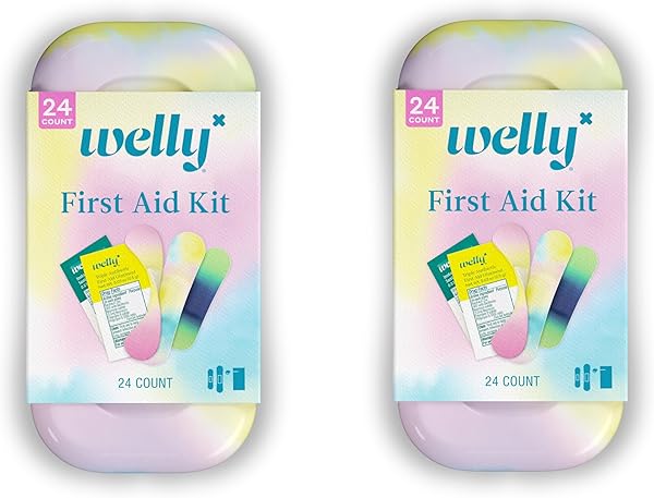 Welly Quick Fix Colorwash, On The Go First Aid Kit, Assorted Bandages, Ointments, and Hand Sanitizer, Tie Dye Patterns, 2 Pack