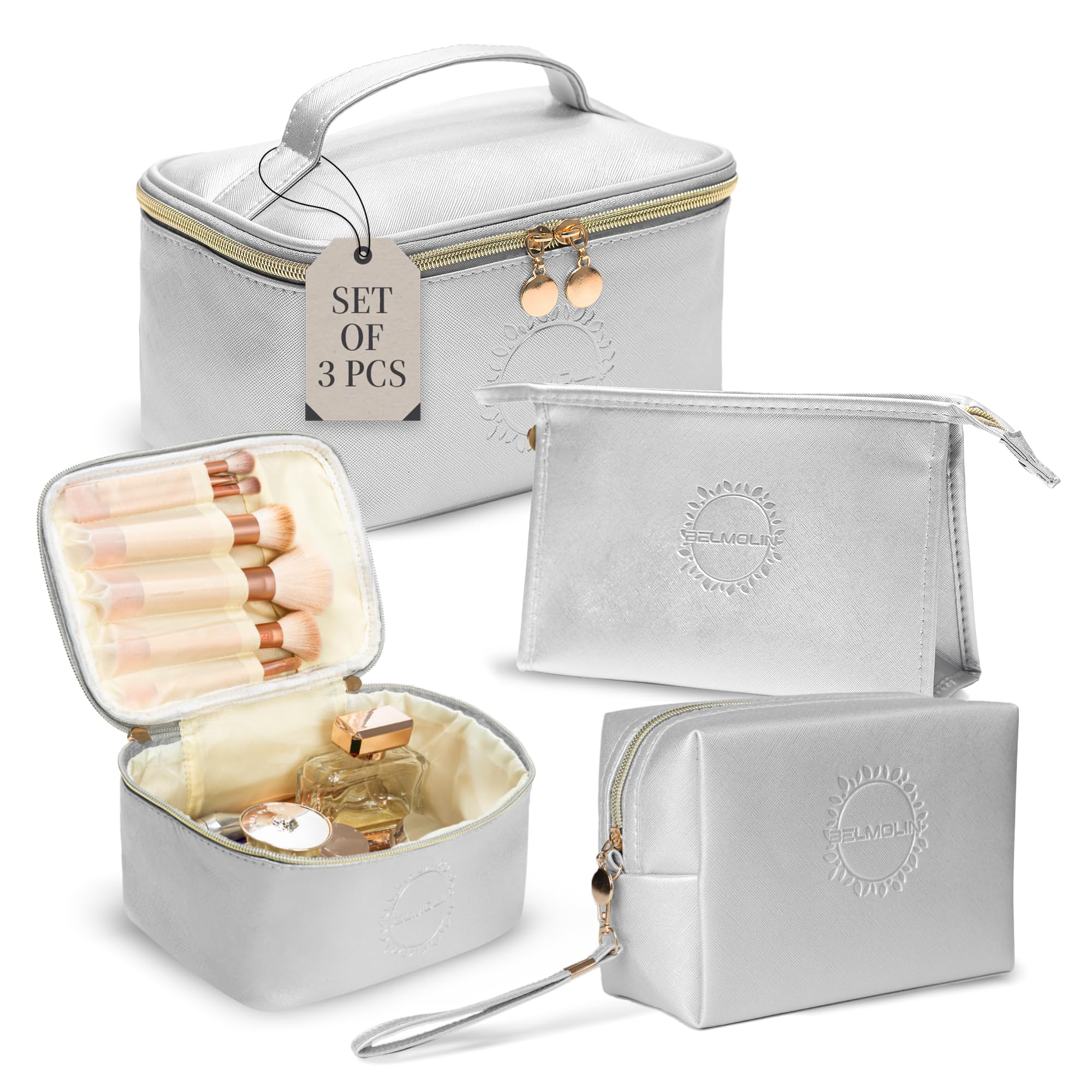 BELMOLIN 3 Piece Makeup Bag Set - Cosmetic Bags For Women - Cute Multifunctional Make Up Bag Set - Waterproof Travel Cosmetic Bag With Zipper