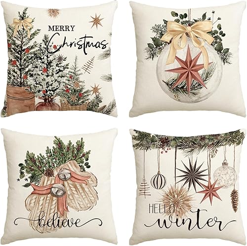 Miniatura 8 de AVOIN colorlife - Juego de 4 fundas de cojín con diseño de bolas de Navidad, hojas de eucalipto, bayas de acebo y guantes, con rayas rojas para