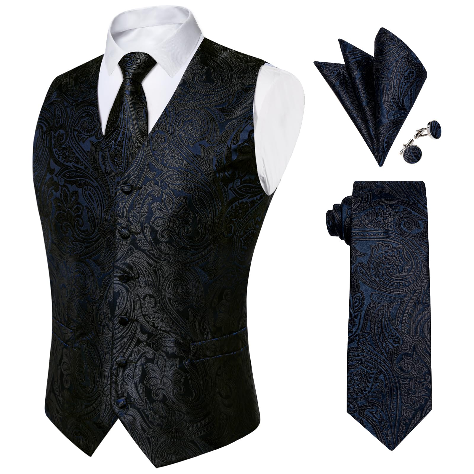DiBanGu Mens Paisley Vest Silk Sleeveless Suit Vest and Neck Tie Pocket Square Cufflinks Set for Wedding Formal