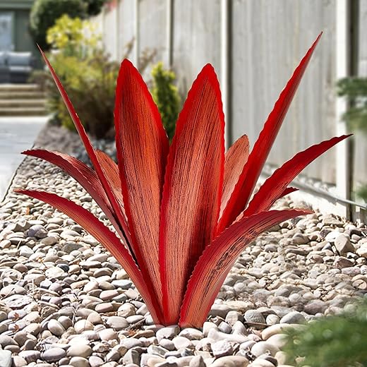 TOMBABY Enlarge Thickened Wind Resistant Metal Agave Garden Art Metal Plant Country Garden Sculpture Statue Outdoor Decoration Agave Metal Plant Courtyard Lawn Ornament Gift (2, 12 Leaves red)