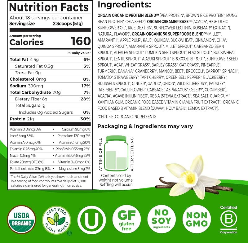 Orgain Organic Vegan 21g Protein + Superfoods Powder, Vanilla Bean, 2.02lb image 2