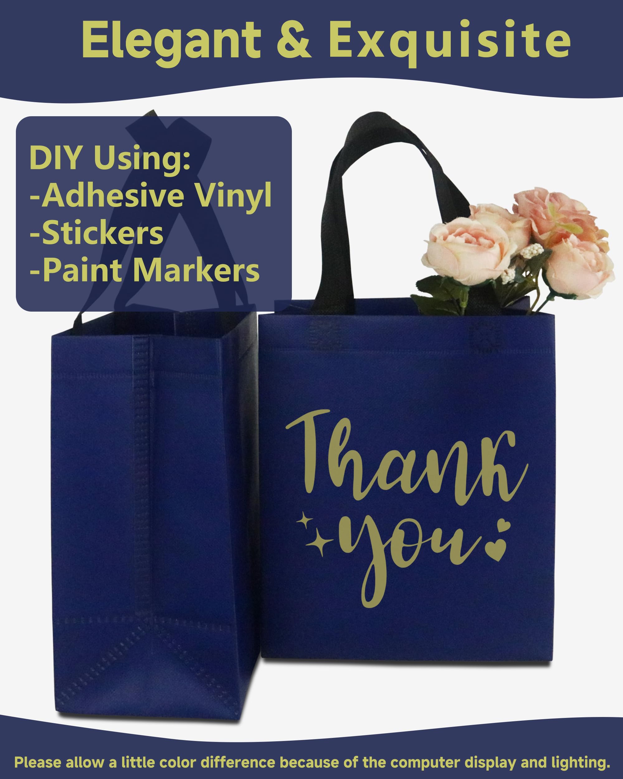 12 Navy Blue Thank You Gift Bags - Sturdy, Reusable, Medium 8x5x10 with Handles, Non-Woven for Weddings, Teachers, Father's Day, Parties, Birthdays & Graduations