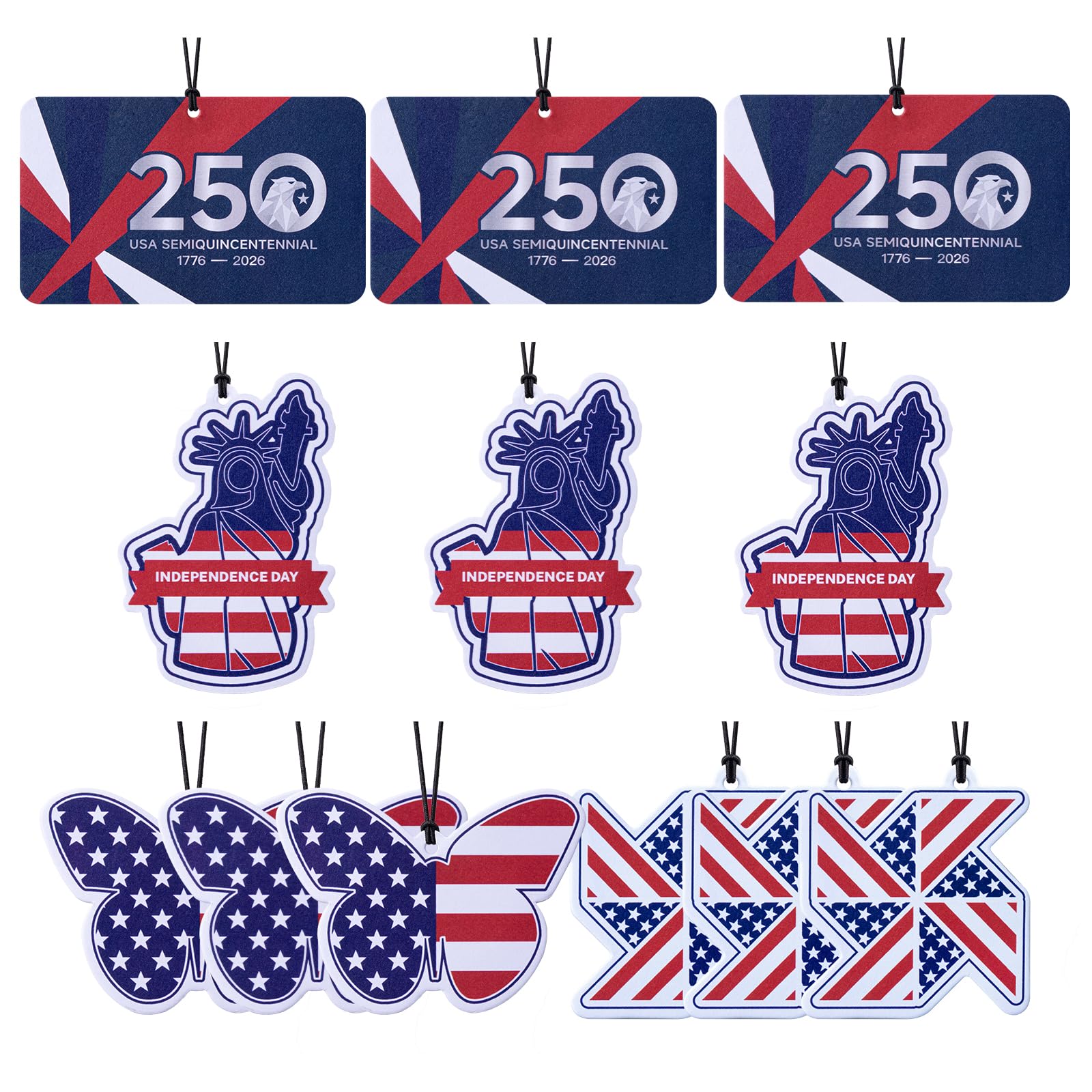 12Pcs America 250th Anniversary Independence Car Air Freshener Hanging American Flag Provides Long-Lasting Fragrance For Cars And Homes Black Ice, Berries, Ocean, New Car, Air Freshener