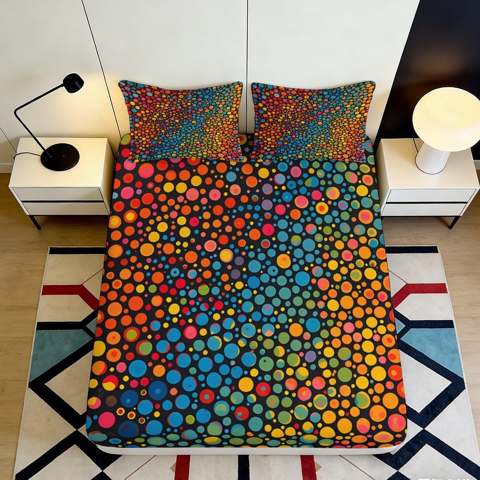 3D Printed Colorful Polka Dot Fitted Sheet Microfiber Soft Breathable Bubble Pattern Mattress Cover for Bedroom Dorm Decor 120x200x25cm