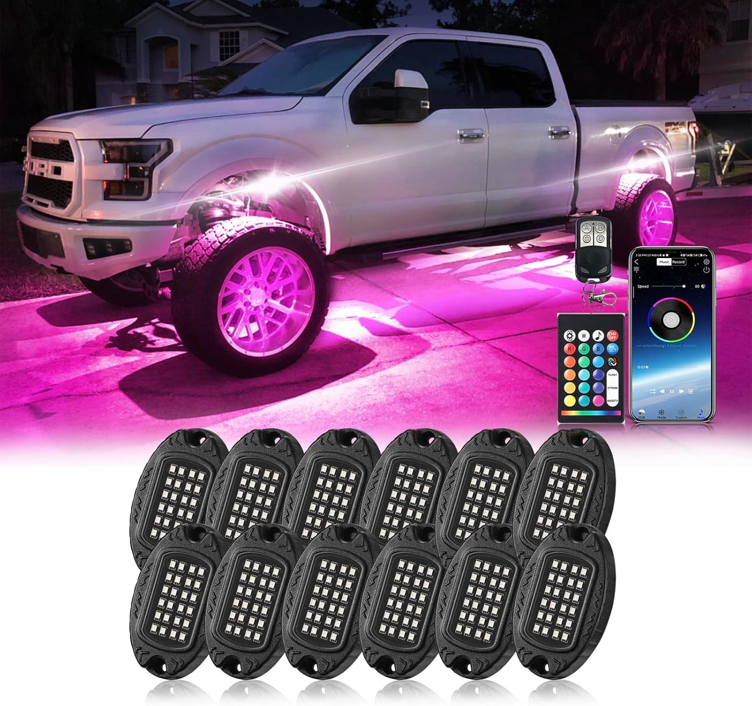 12Pods Segmented Metal RGB LED Rock Lights Kit+4Pcs 47 inch 4-Pin Extension Wire Cable Cord