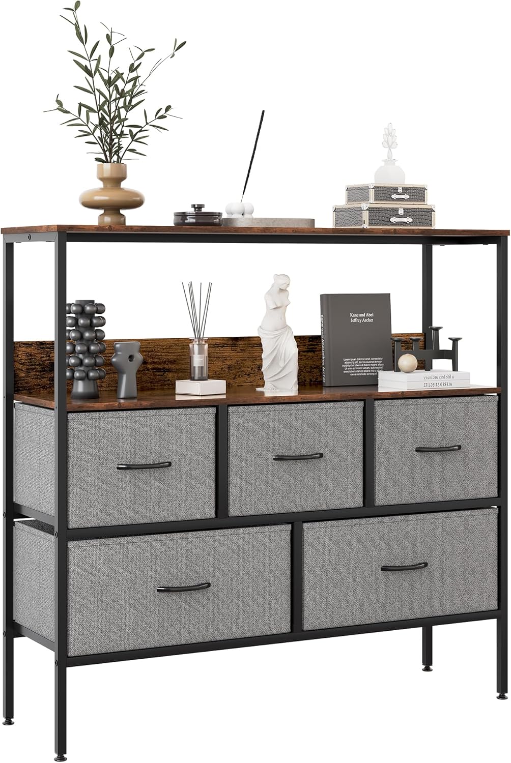 TQVAI 5 Drawers Fabric Dressers for Bedroom 40 Inch Small TV Stand with Storage Compartment Wide Chest Cabinet for Closet, Living Room, Hallway, Black/Anqitue