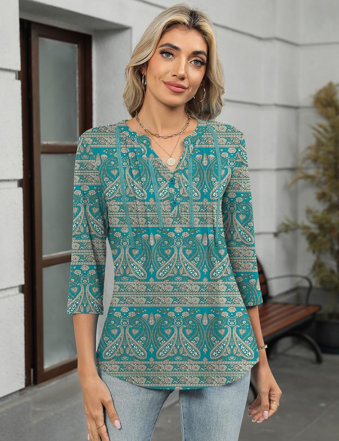 Rapbin 3/4 Length Sleeve Womens Tops Summer V Neck Lace Pleated Button Down Blouses Dressy Casual Elegant Tunic Shirts - Image 3