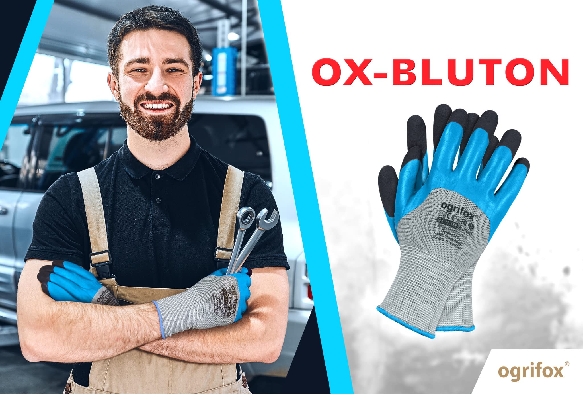 Ogrifox OX-BLUTON Ox.11.158 Lot de 120 paires de gants de protection en latex Gris/bleu/noir Taille 10