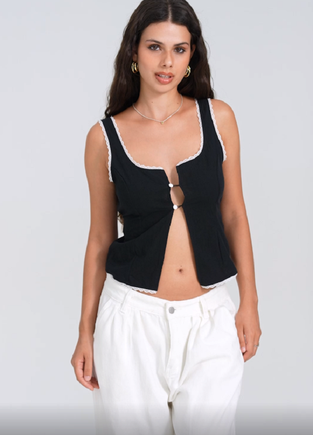 Women Y2K Front Split Tank Top Sleeveless Lace Trim Scoop