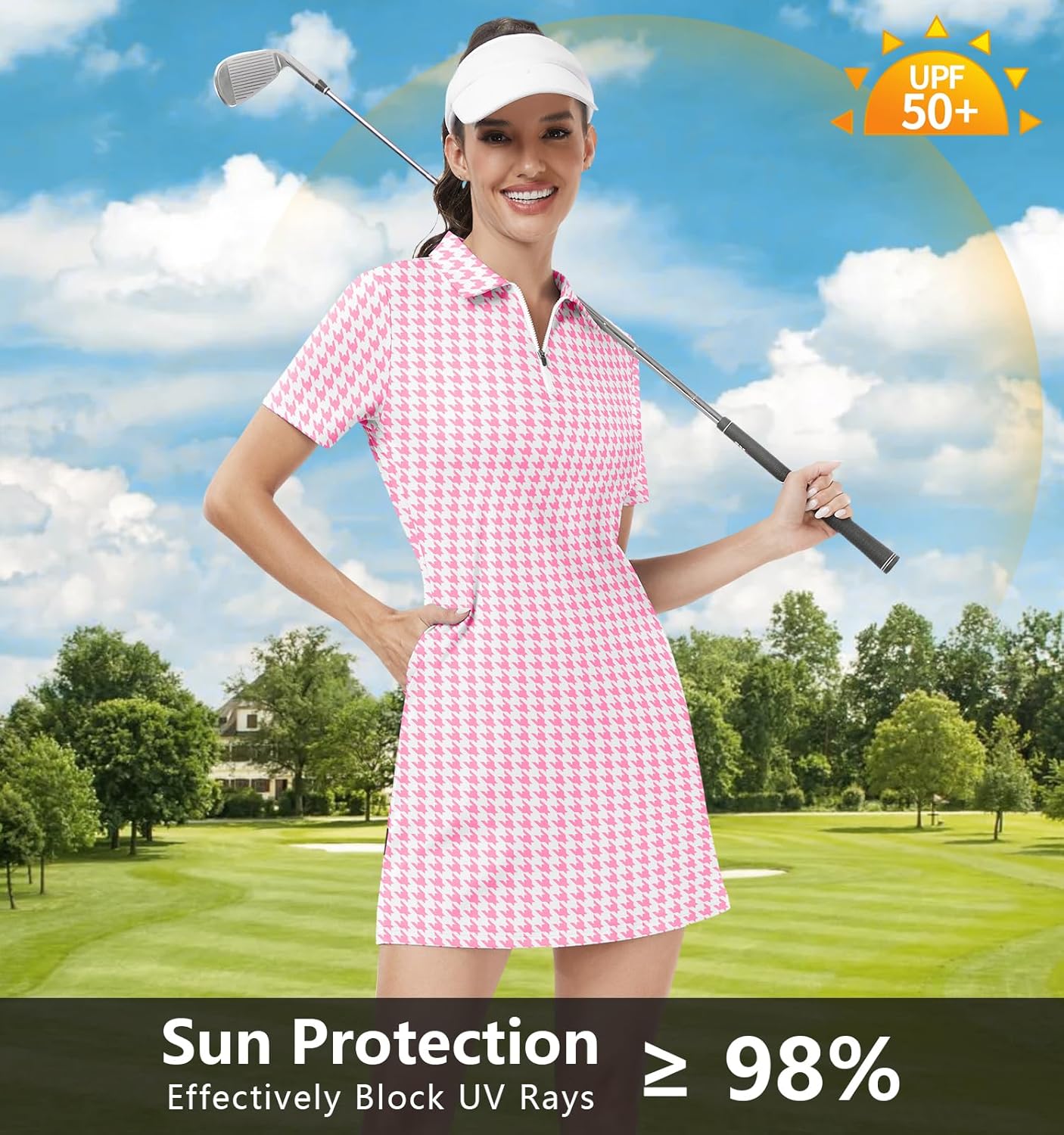 Soneven Tennis Dress for Womens Short Sleeve Golf Dresses with Pockets and Shorts Print Workout Athletic Dresses Pink Houndstooth
