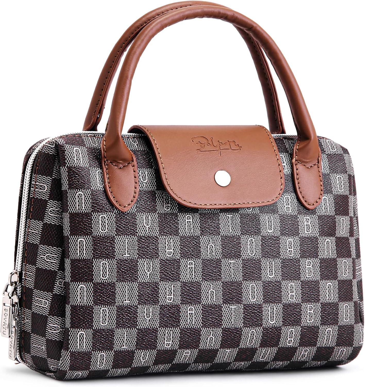 BOYATU Checkered Makeup Bag Organizer: Large Travel Cosmetic Bag Holds 10+ 100ml Full-Size Bottles for Dates & Trips - Portable Waterproof Leather Toiletry Pouch 3-sec Touch-up for Chic Woman(Coffee)