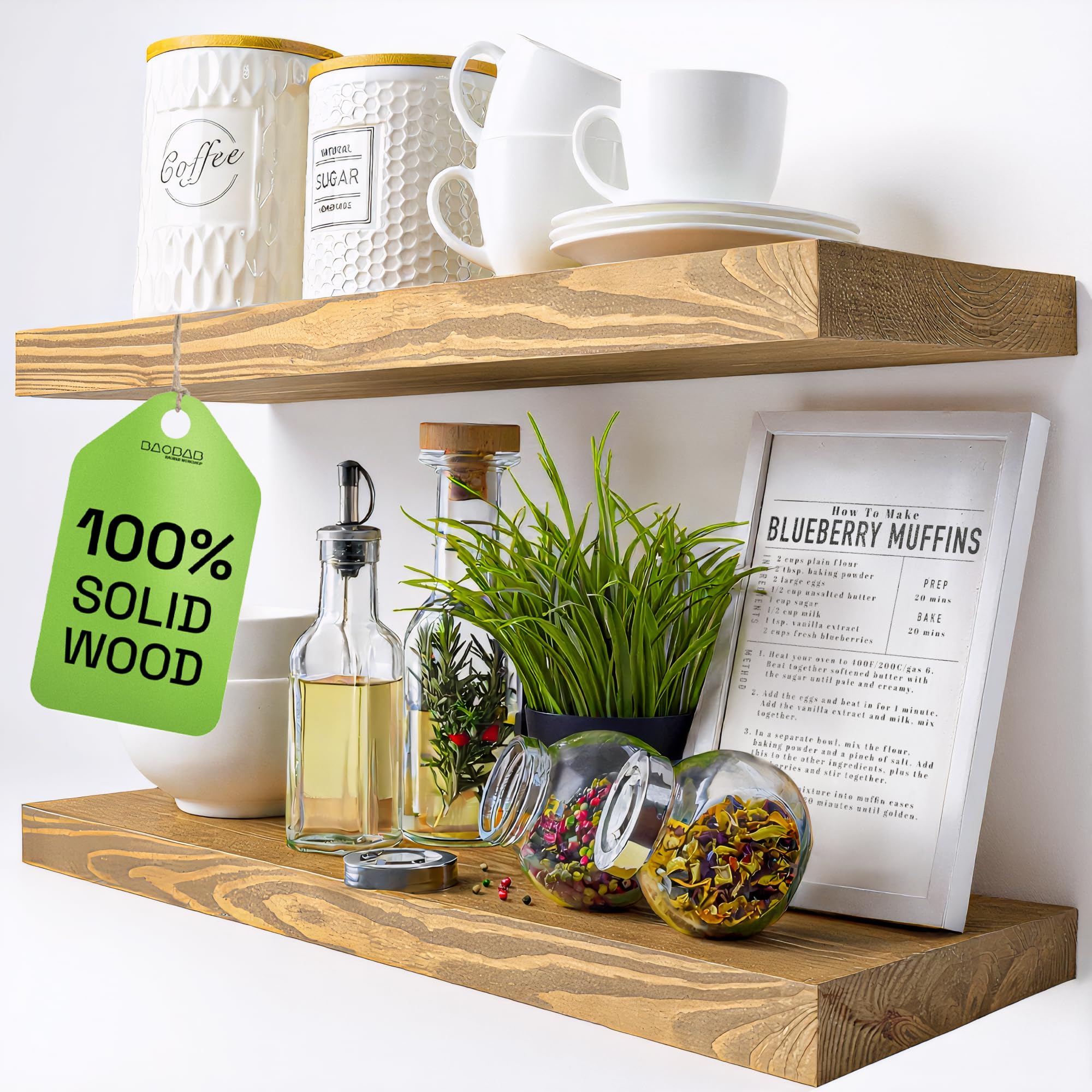 BAOBAB WORKSHOP Natural Wood Floating Shelves for Wall 24 inch - Floating Wall Shelves for Kitchen Bedroom - Wooden Bathroom Shelves - Oak Floating