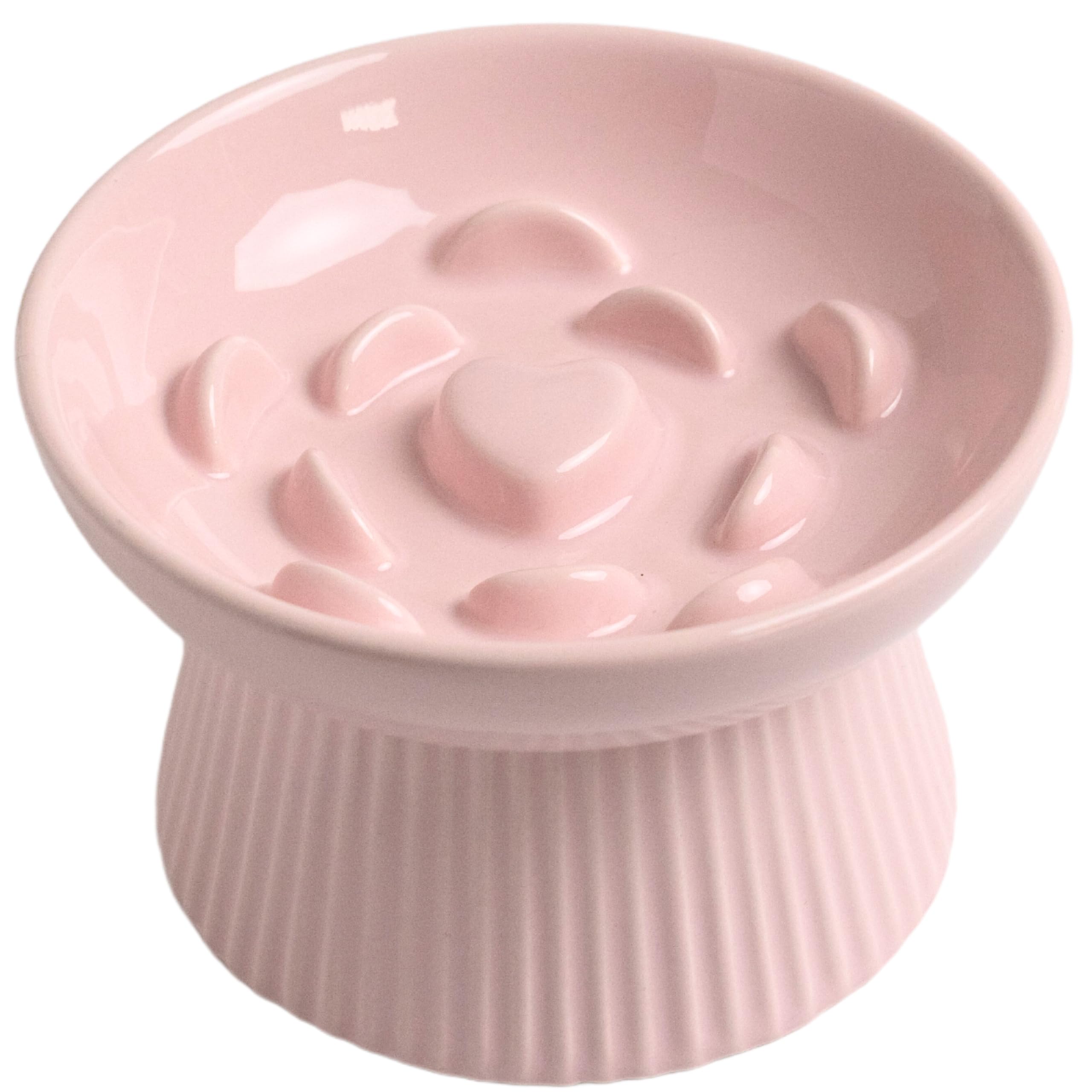 LE SERVETA Ceramic Slow Feeder Cat Bowl, Raised Puzzle Feeder, Anti Vomiting Cat Slow Feeder, Elevated Food Bowl, Whisker Friendly Cat Bowl (Pink)