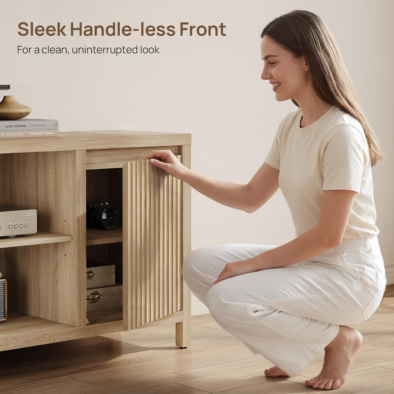 SICOTAS Fluted TV Stand for 55 65 inch TV - Large TV Consoles for Living Room Bedroom, Mid Century Modern Entertainment Center with Storage Cabinet, Wooden Television Stands Media Console, Light Oak