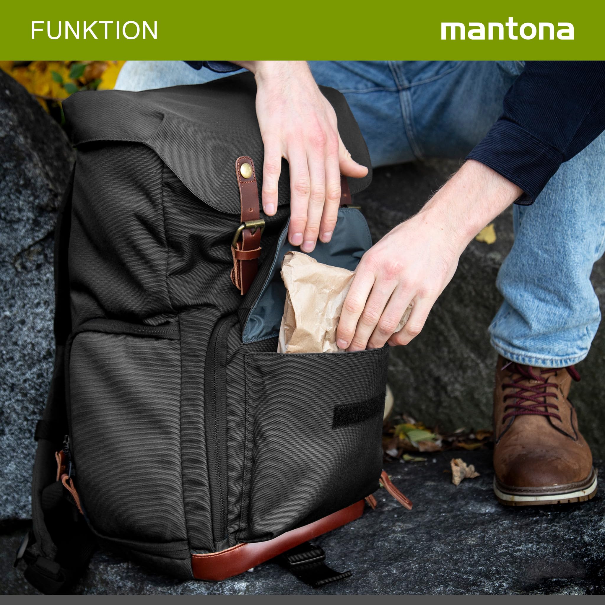 Mantona Luis Sac Dos Photo rétro, Appliques Cuir, avec Housse de Pluie, aménagement Flexible avec Compartiment pour Ordinateur Portable, pour 1 Appareil Photo Reflex, 3 objectifs, Accessoires, Noir