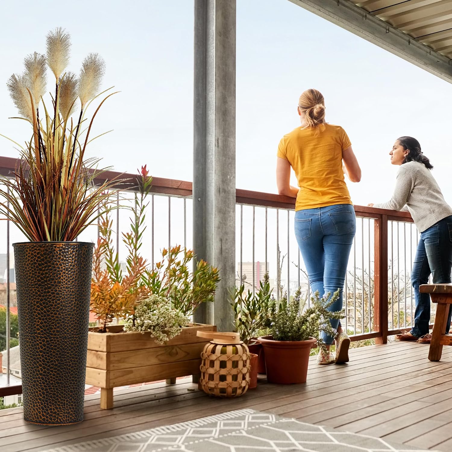 Worth 2 Pack 25" Tall Narrow Metal Planter with Inside Pot for Indoors or Outdoors, Deck, Patio or Front Porch, Hand-Hammered Texture, Bronze image 5