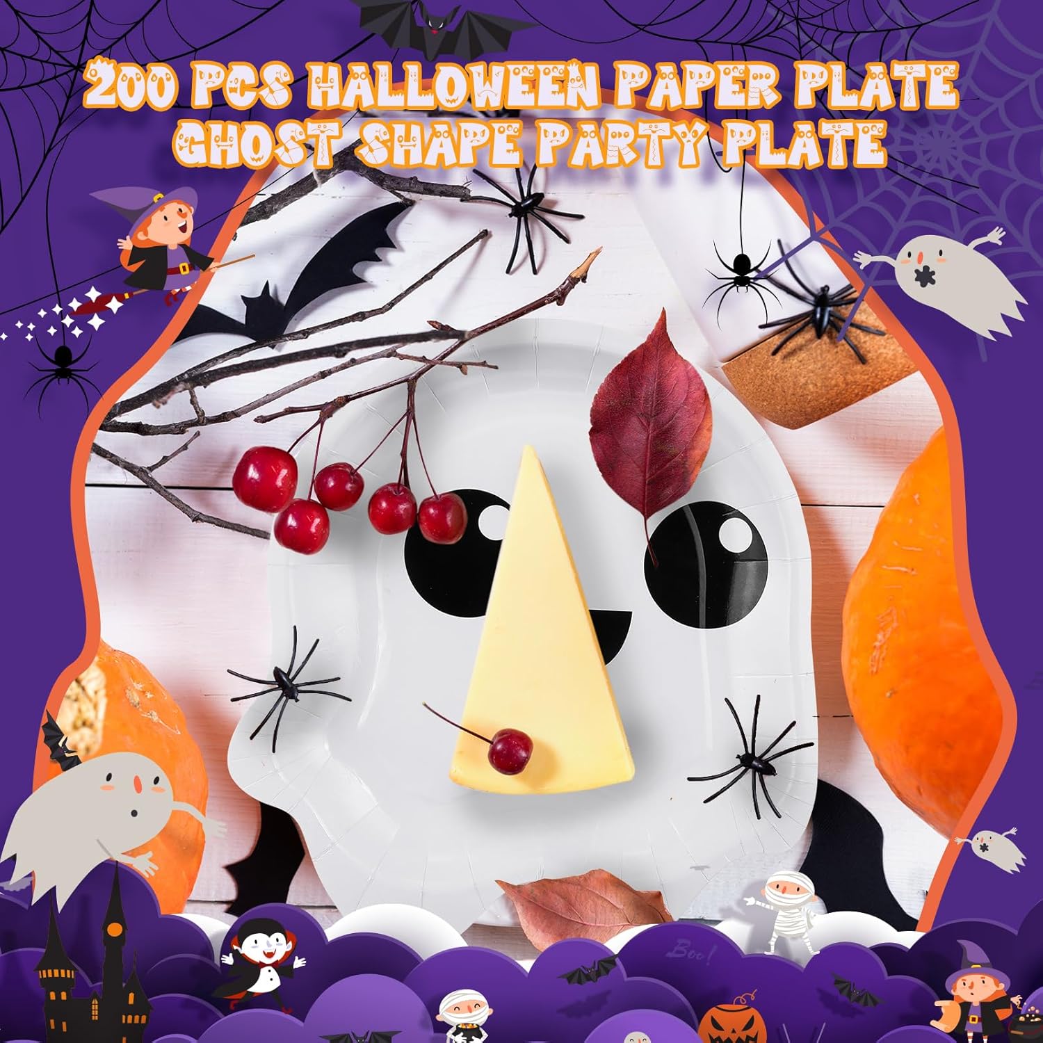 Roshtia 200 Pcs 9 Inch Halloween Paper Plates Ghost Shape Disposable Plate Spooky Ghost Plates Dessert Plate Halloween Platter for Party