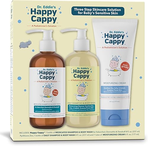 Happy Cappy Paquete de soluciones para el cuidado de la piel de tres pasos: champú para caspa de bebé, gel de baño y loción para niños y niños