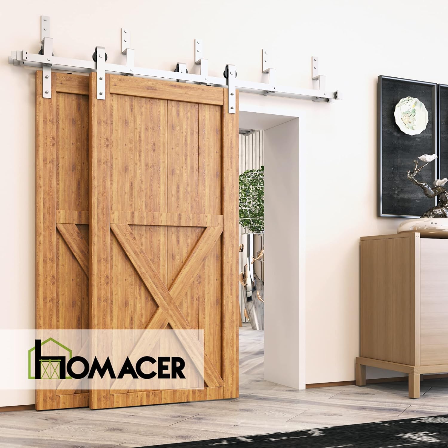 Homacer Brushed Nickel Double Track Z-Shape Bypass Sliding Barn Door Hardware Kit, for Two/Double Doors, 4.5ft Long Flat Track, Classic Design Roller