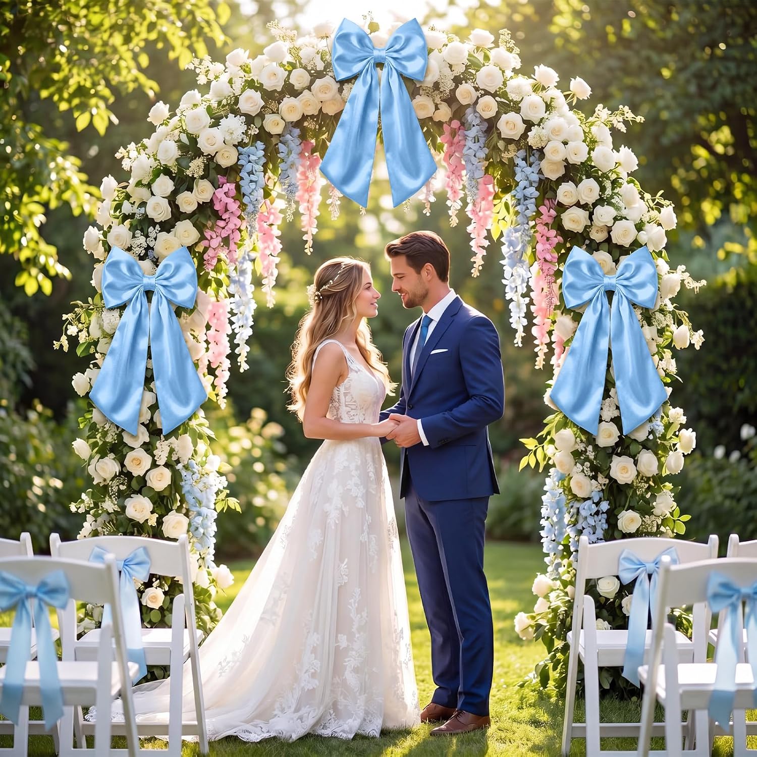 Suncalla 3 Pcs Large Baby Blue Bow Decor - 24 x 12 in Big Satin Bows as Crib Skirt Hanging Wall Decors for Baby Shower Nursery Bedding Wedding Coquette Birthday Backdrop Bridal Shower Party Supplies image 5