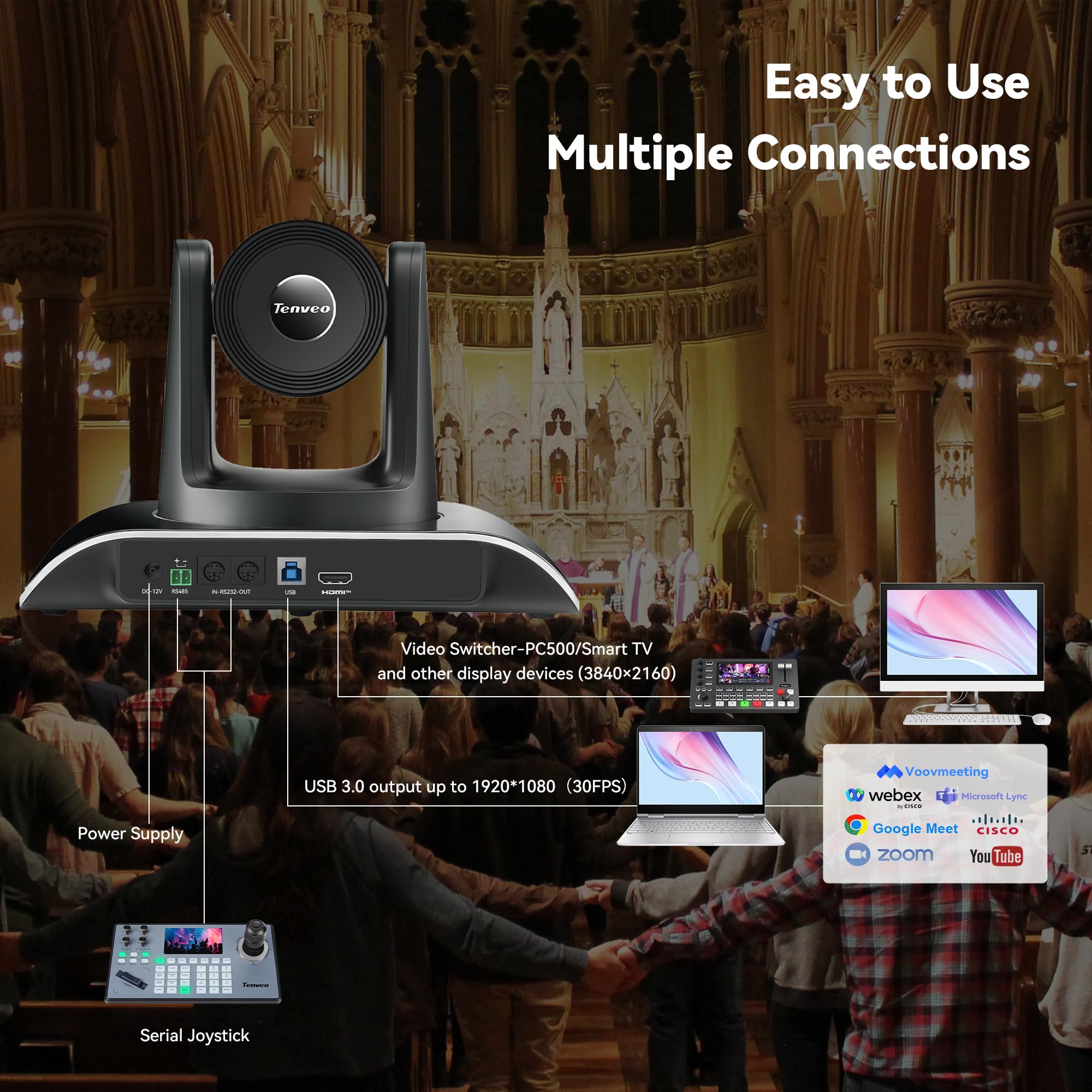 Tenveo Système de Caméra de Conférence 4K PTZ avec Haut-Parleur Bluetooth, 3X Zoom Optique AI Tracking, USB3.0/HDMI, 93° Grand Angle pour Vidéoconférence Réunions Église Éducation Zoom/Teams/OBS