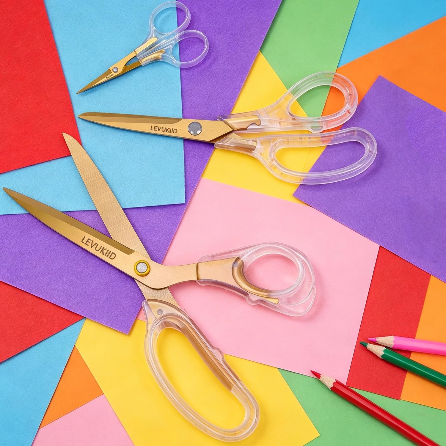 Scissors All Purpose, Scissors For Office,Clear Gold Ergonomic Handle, Titanium Coated Blades, Modern Design for Office, Craft & Home Use – 3-Pack Durable All Purpose Desk Scissors/Gold