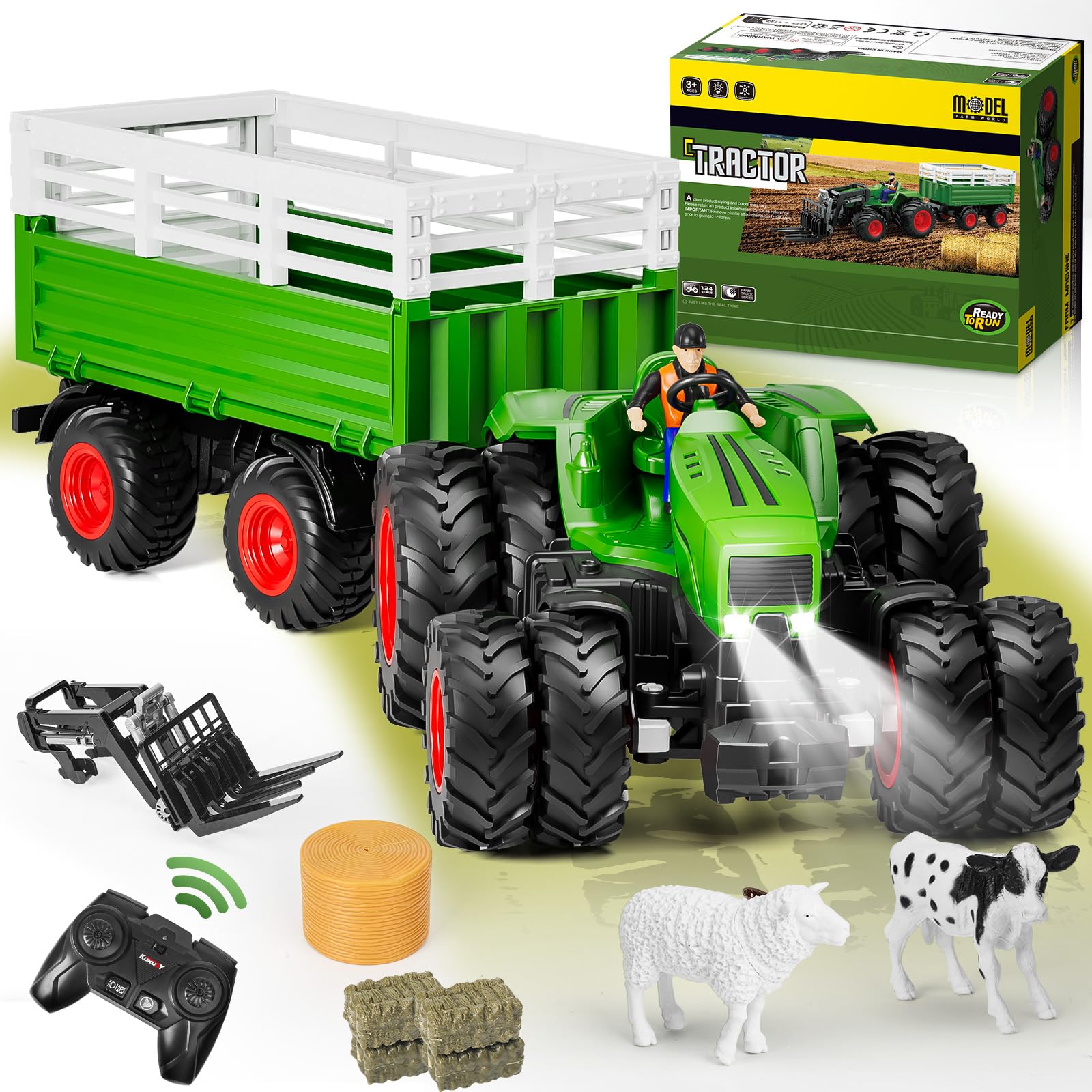 Tracteur Jouet Enfant RC Télécommandé avec Lumière Remorque Levage Vache Mouton Balle de Foin Cadeau Agricole