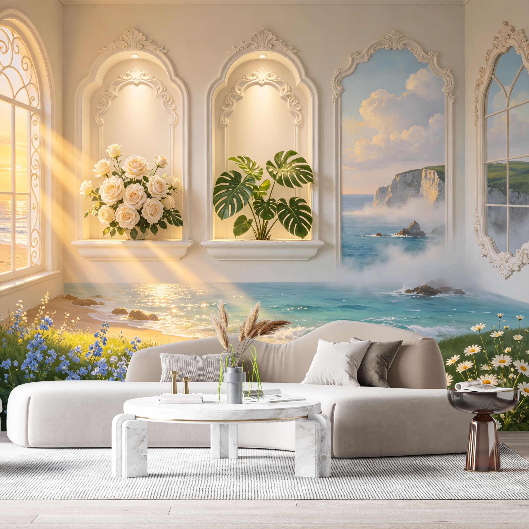 Custom Size Wall Murals Coastal Ocean View Neoclassical Architectural Archway Tropical Leaf Floral 3D Trompe L'Oeil SelfAdhesive Wall Fabric Removable Large Wallpaper for Photo Living Room