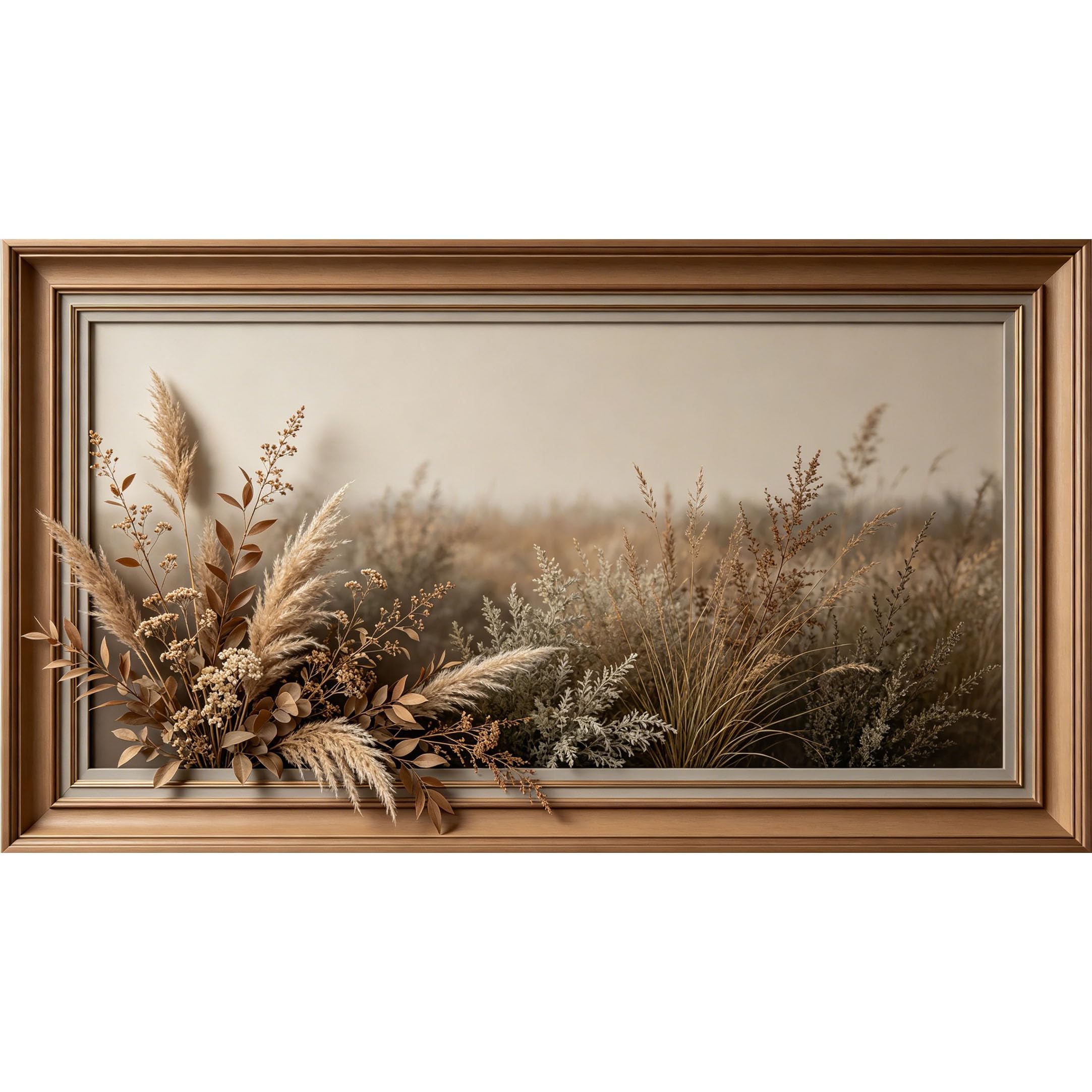 QZLITHOTIC 50x90cm3D Framed Wall Art， Botanical Dried Pampas Grass Landscape Self‑Adhesive Mural， Water‑Activated Peel & Stick Fabric Decor Wall Decal for Bedroom Living Room