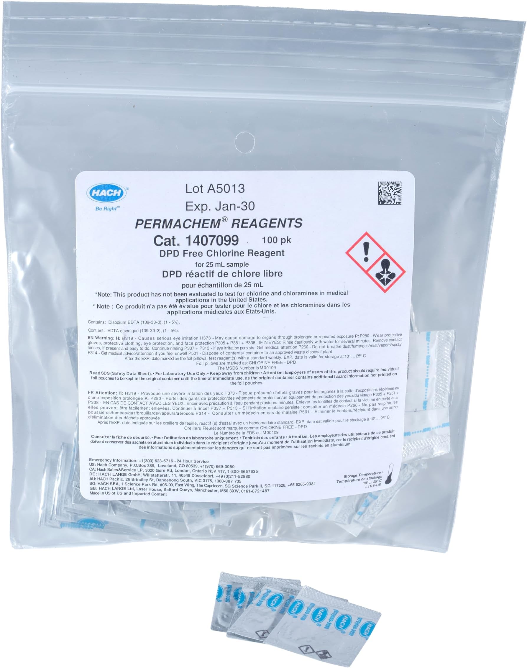 Hach DPD Free Chlorine Reagent Powder Pillows, 25 mL, Pack of 100, Ranges - LR: up to 2.00 mg/L; MR: 0.05-4.50 mg/L; HR: 0.1-10.0 mg/L Cl₂, USEPA Accepted Method 8021, Water Analysis, 1407099