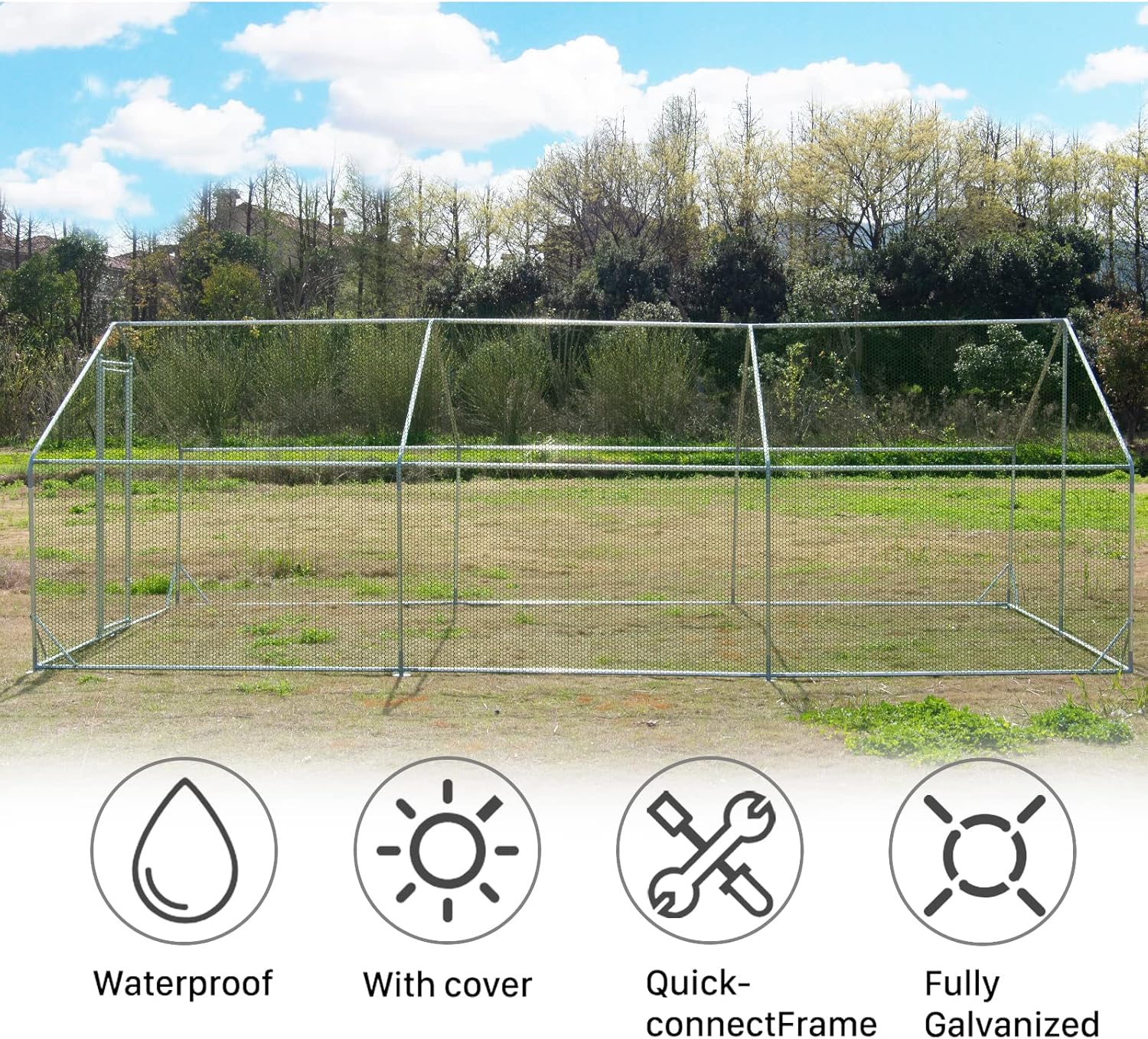 Large Metal Chicken Coop Walk-in Poultry Cage Hen Run House Habitat Spire Shaped Cage with Waterproof and Anti-Ultraviolet Cover for Outdoor Backyard Farm Use (19.68’ L×9.84’ W)