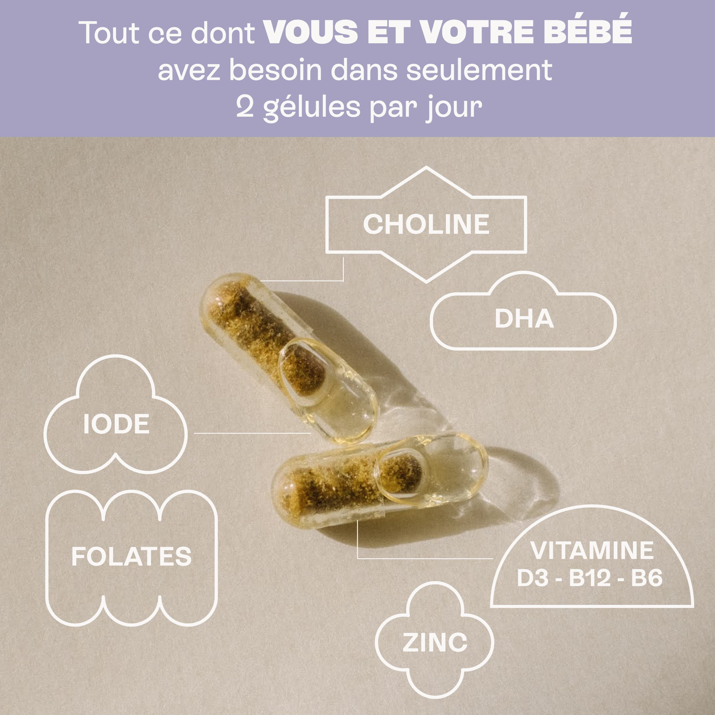 Jolly mama! Baby Bump | Multi-Vitamines Grossesse | Avec DHA, Choline, Vitamine B9 Active Quatrefolic | Fabriqué en France | Cure 1 Mois, 60 Gélules