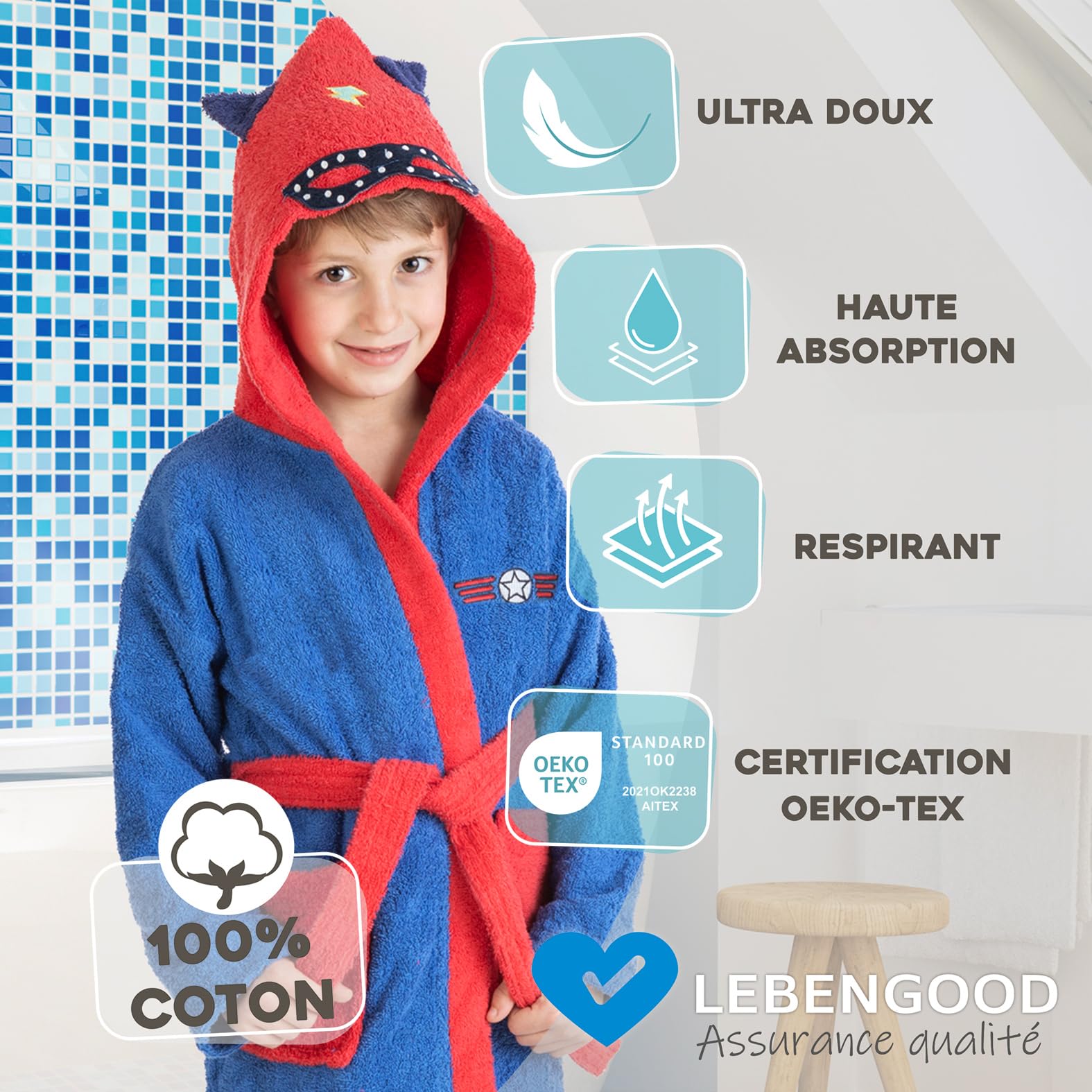 LEBENGOOD - Peignoir Enfants adolescents 100% Coton OEKO-TEX - 2 Poches, Ceinture, Capuche, Peignoirs en peluche très doux avec broderies pour enfants